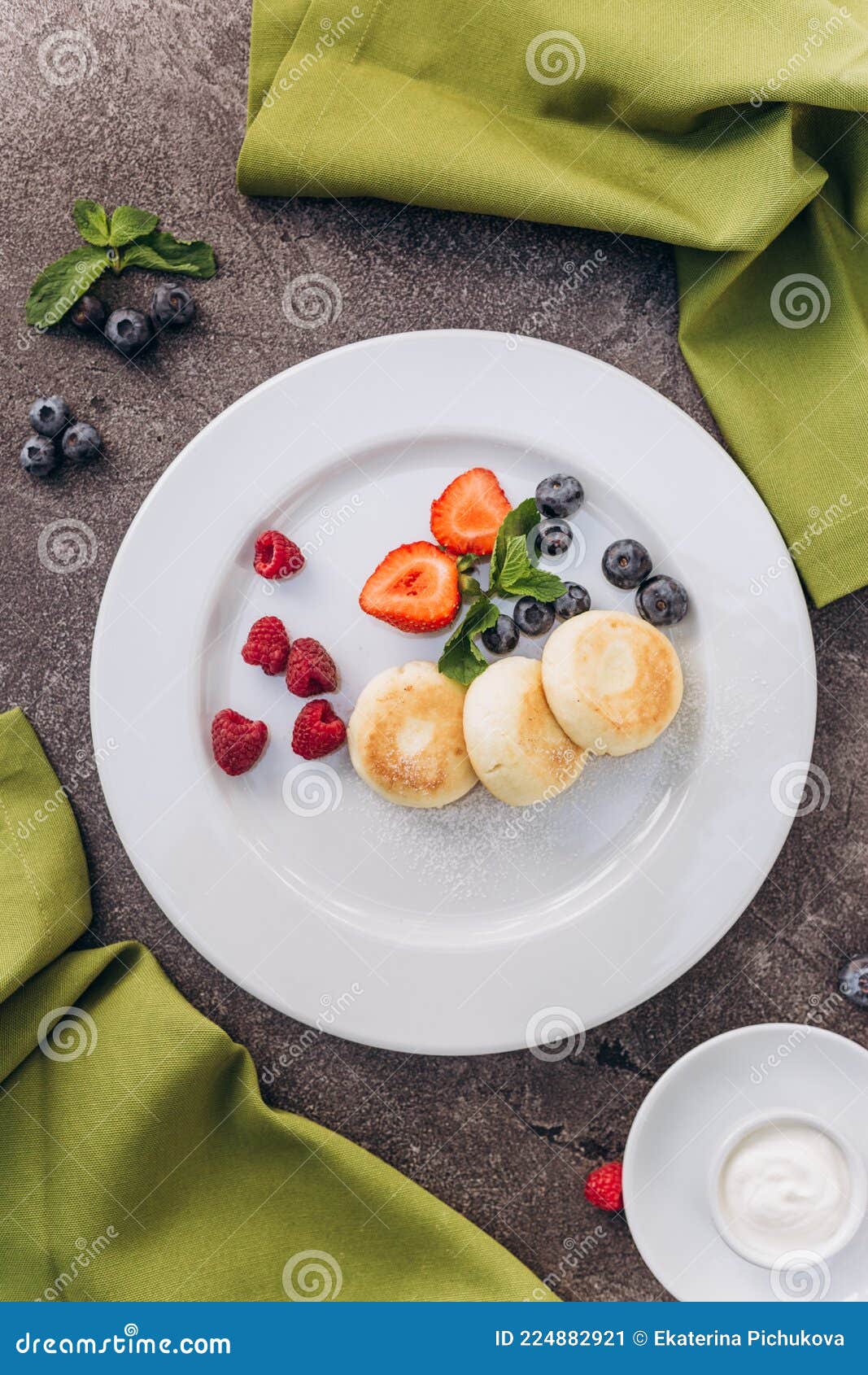 Nutritious Vegetarian Breakfast with Cheesecakes and Berries. Stock Image Image of food
