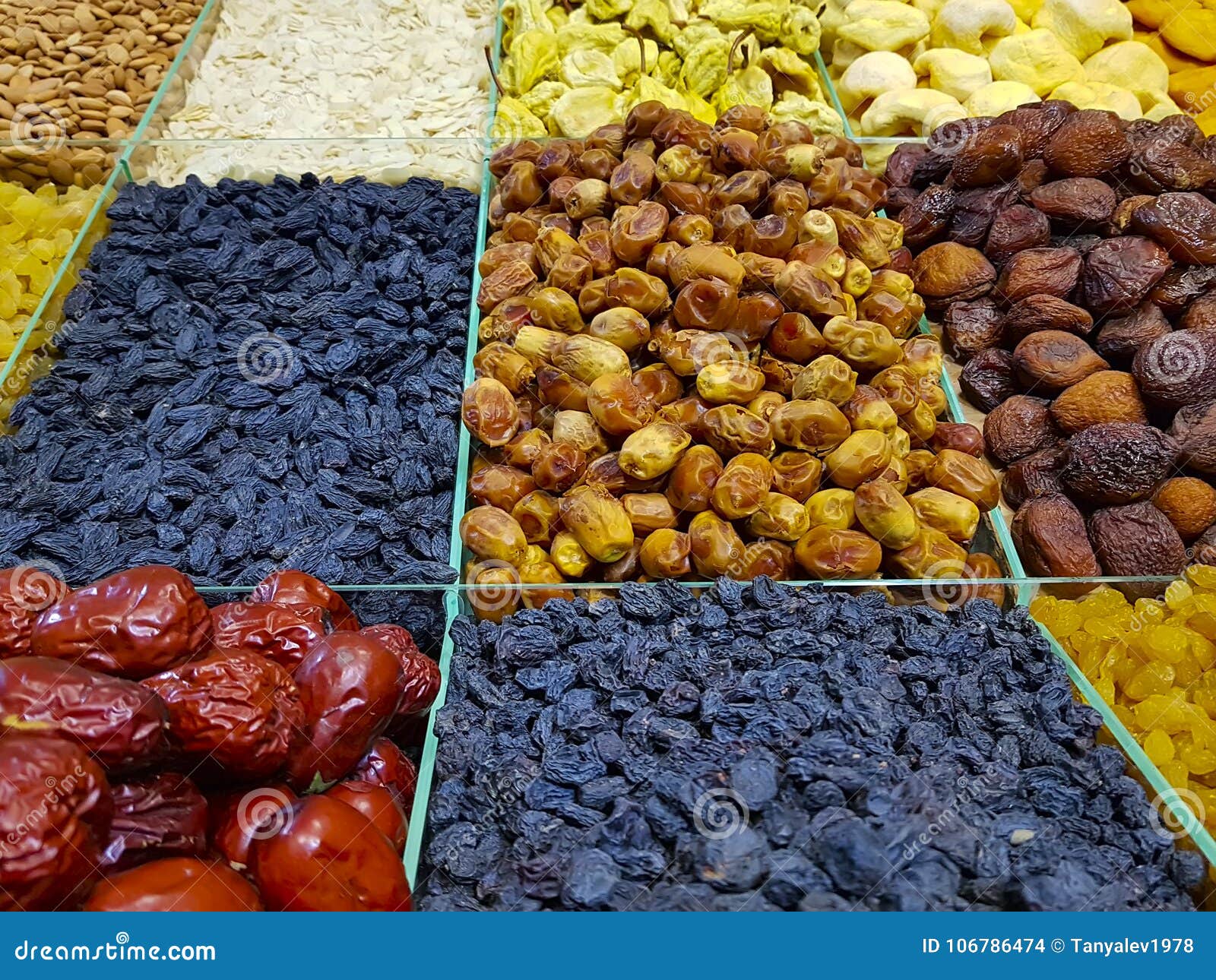 Nuts, Raisins, Almonds Dried Fruits Background Exotic Stock Photo