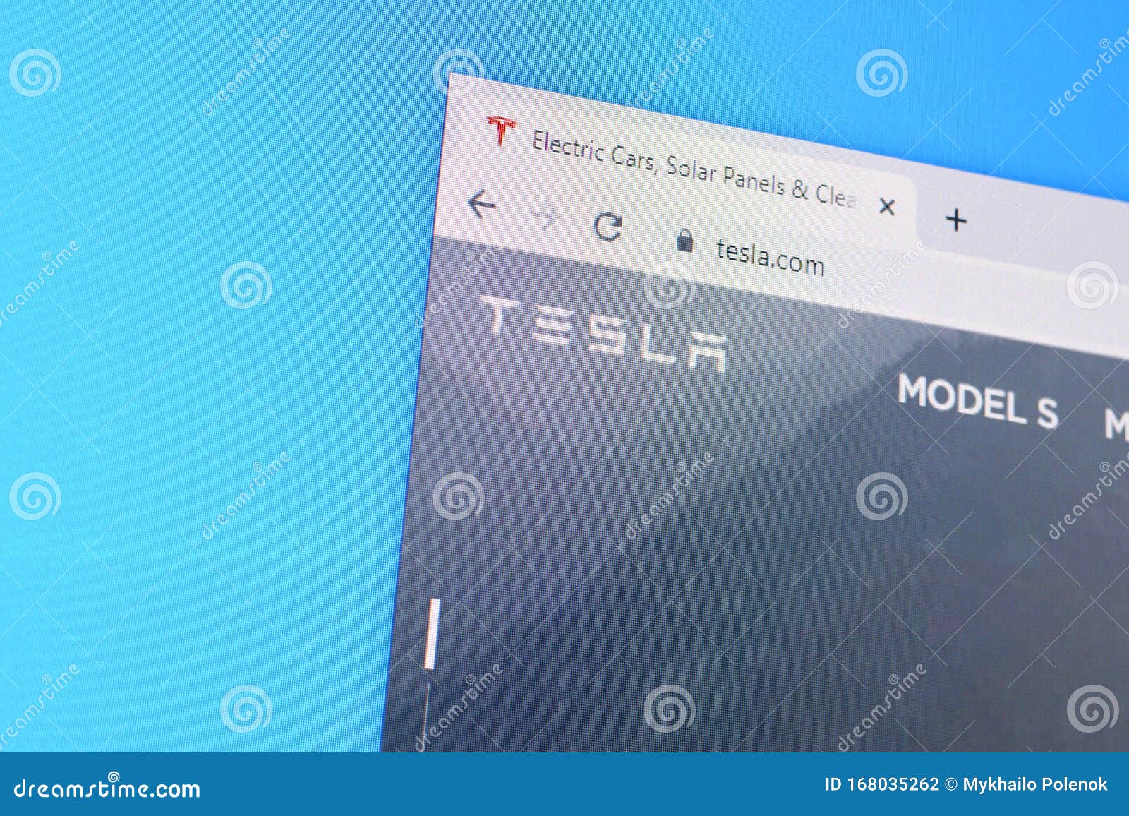 Homepage of Tesla Website on the Display of PC, Url - Tesla.com