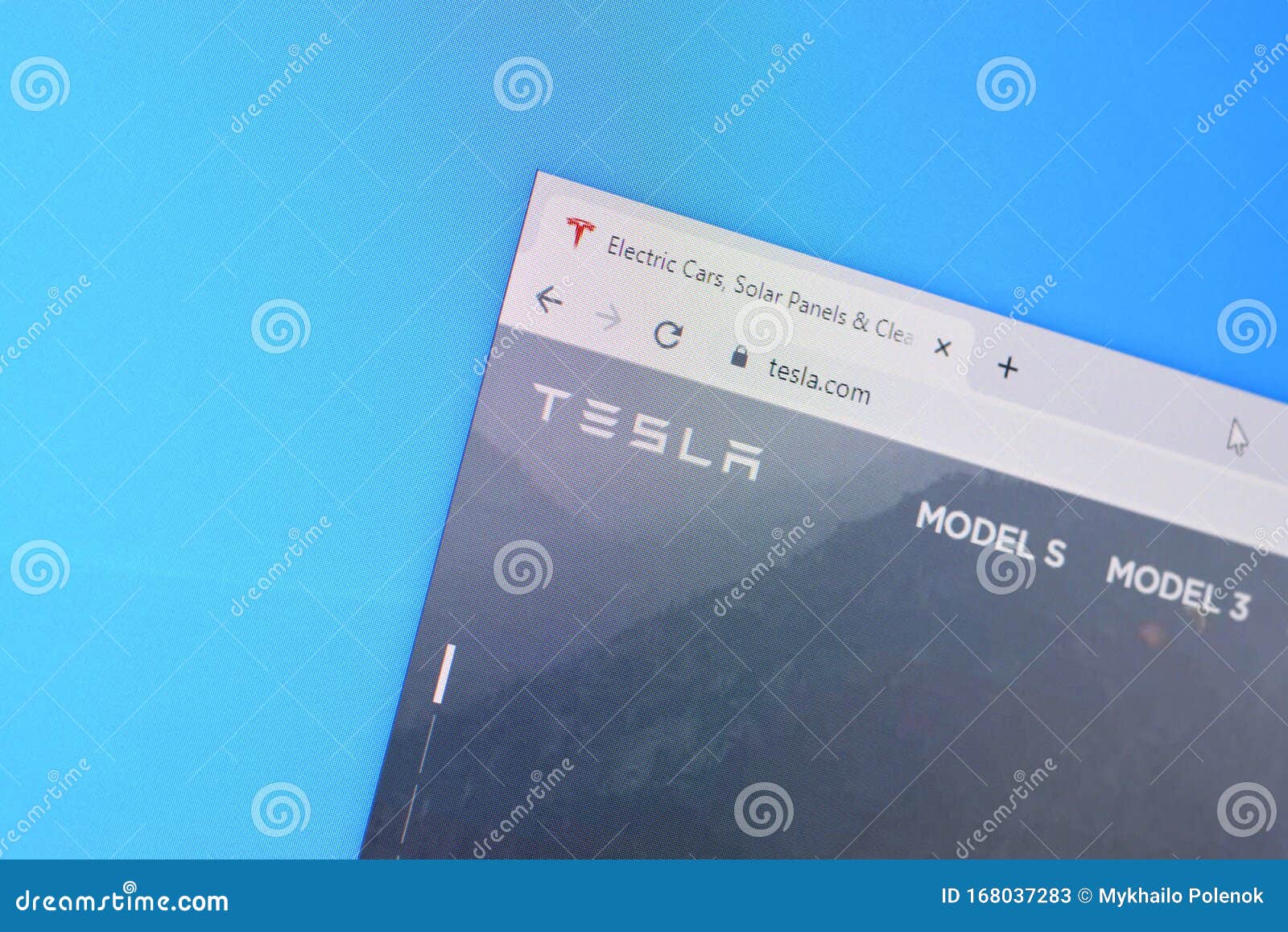 Homepage of Tesla Website on the Display of PC, Url - Tesla.com