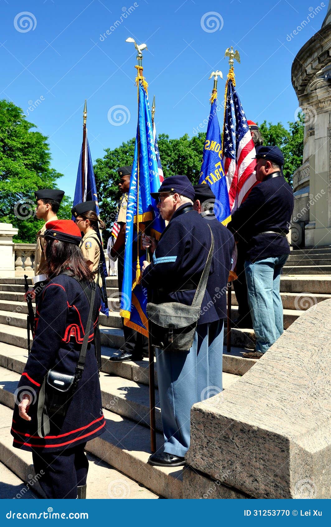 NYC: Memorial Day 2013 Ceremonies. Members of the Sons of Union Veterans of the Civil War (1861-65) on the steps of the Soldiers and Sailors Monument during the 2013 Memorial Day ceremonies in NYC.