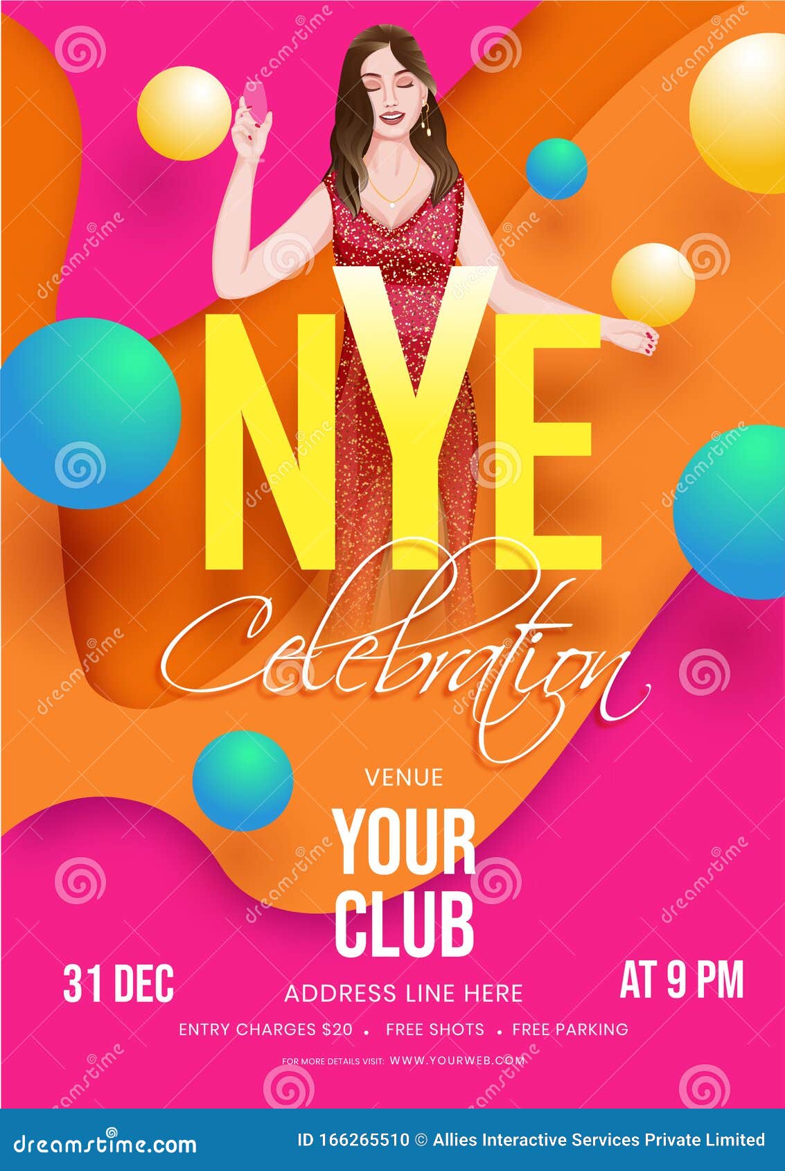 nye celebration template or flyer  with modern young girl drinking