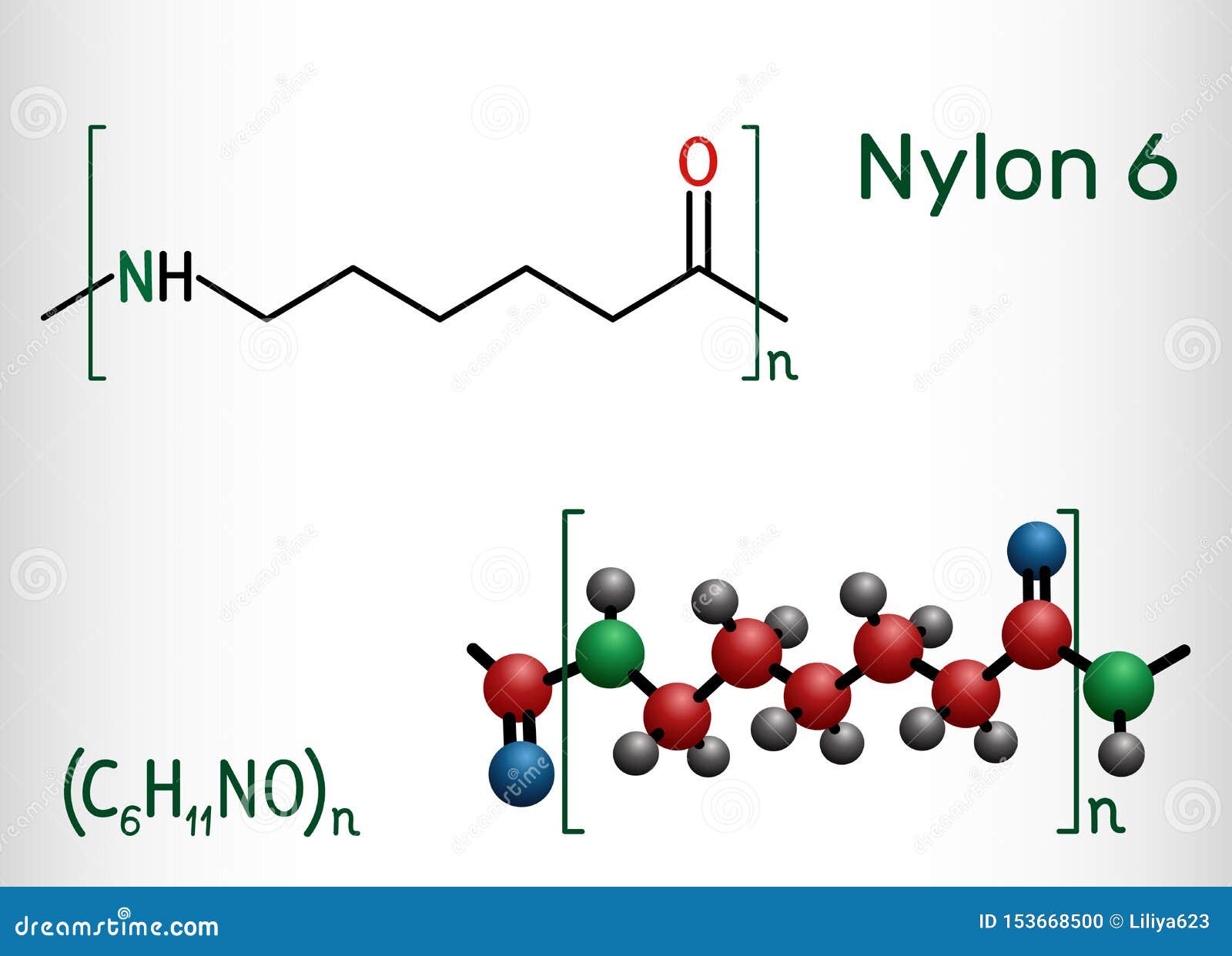 nylon 6 or polycaprolactam polymer molecule. structural chemical formula and molecule model