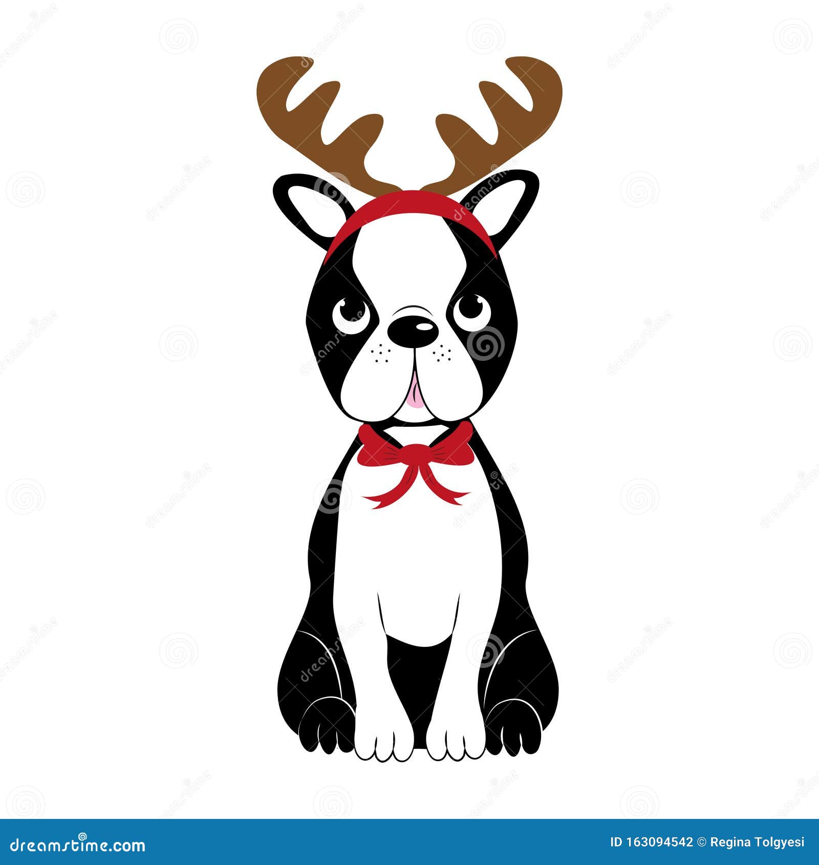 Cute Boston Terrier with Reindeer Antler and Bow. Stock Vector ...