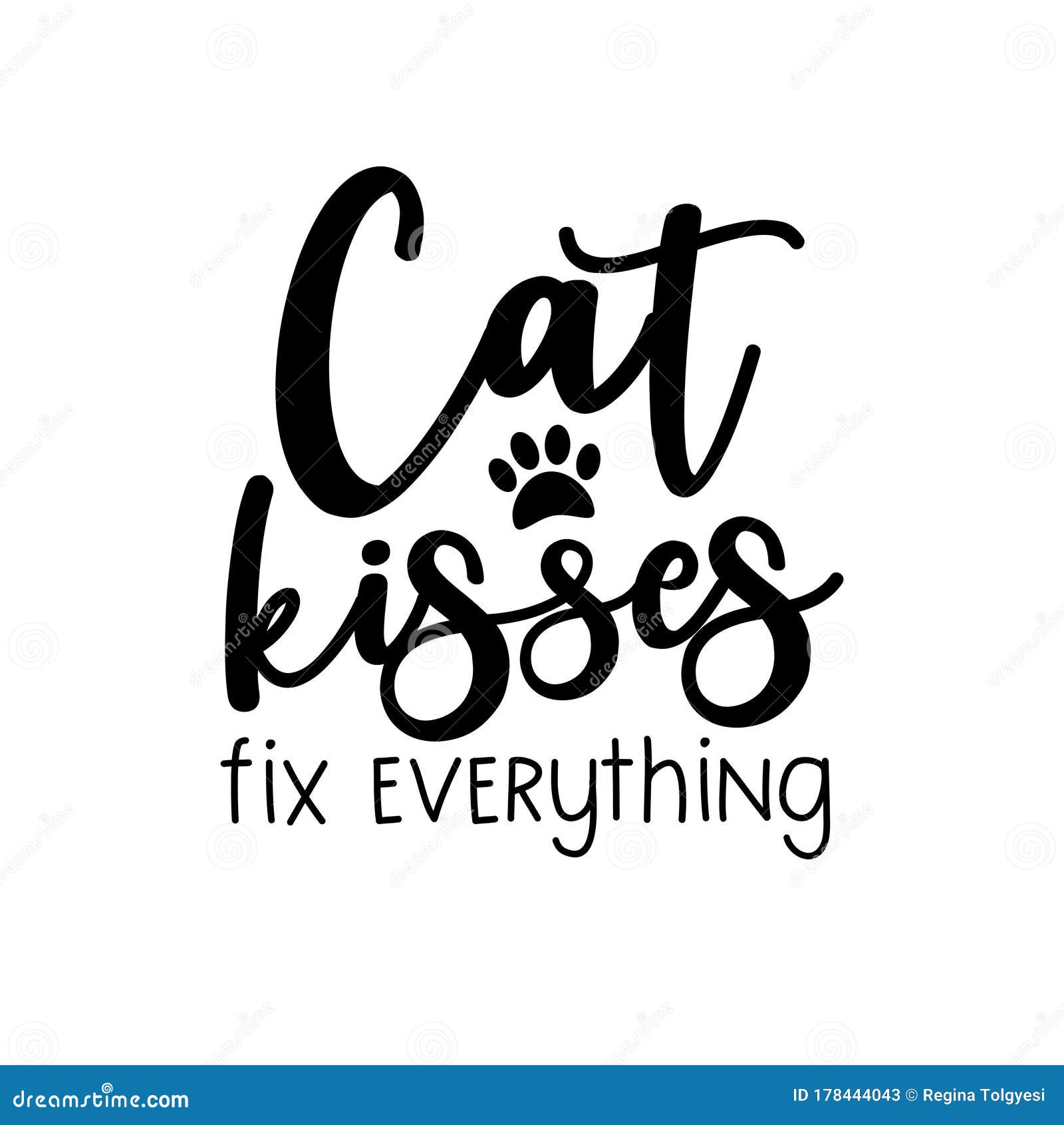cat kisses fix everything- funny saying with paw print.