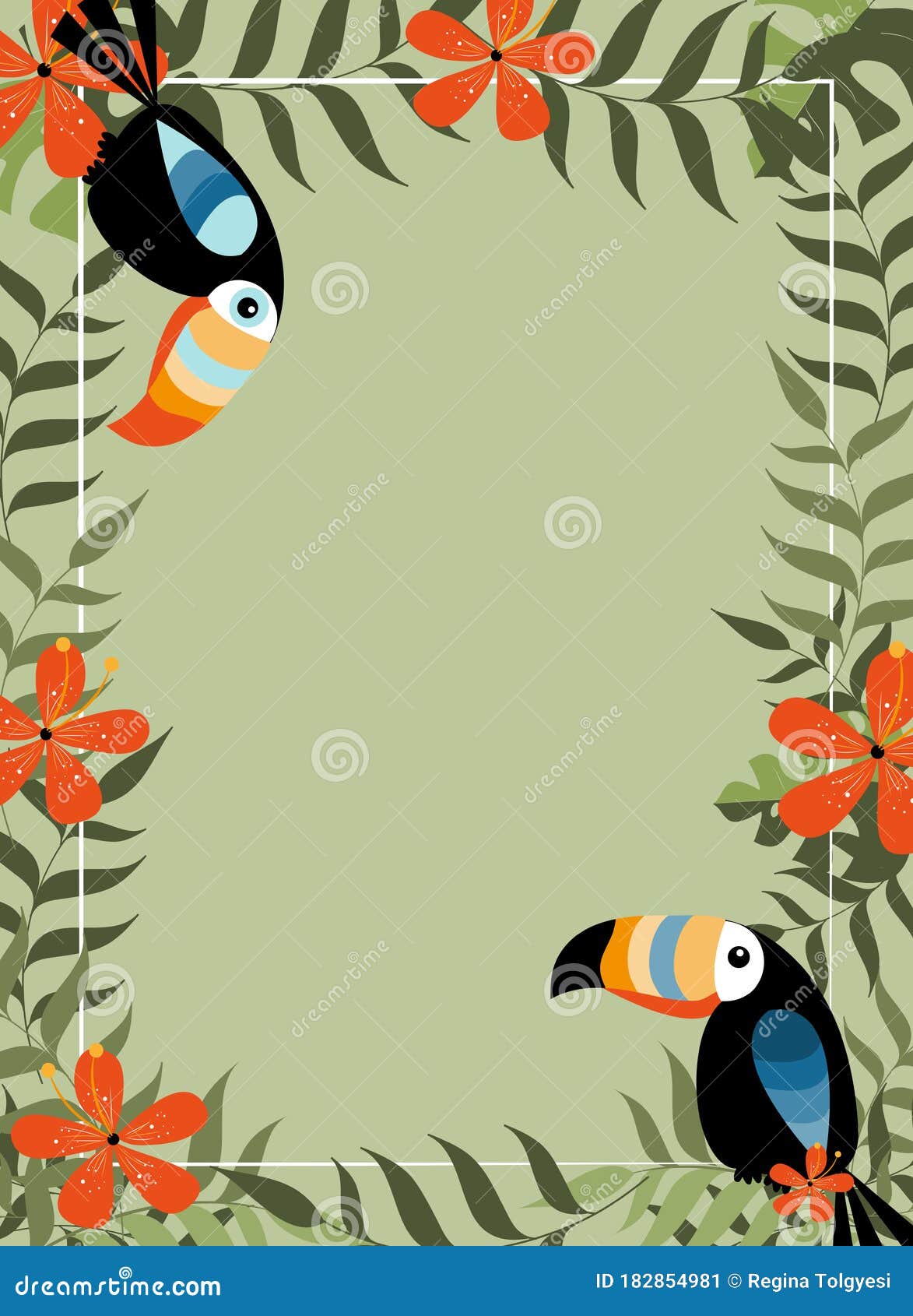 exotic tropical jungle rain forest  green palm tree and monstera leaves with toucan birds border frame template on geen background