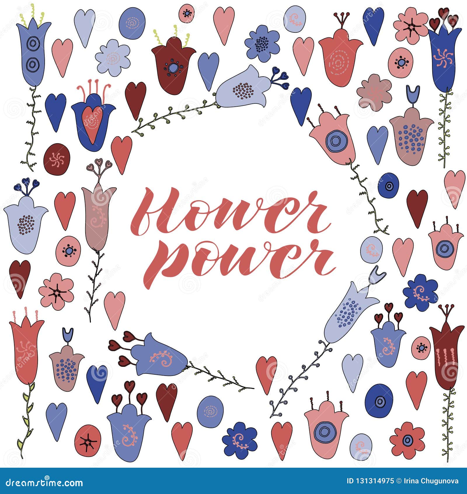 Download Hand Drawn Flowers And Hearts Doodle. Blue, Red Flowers ...