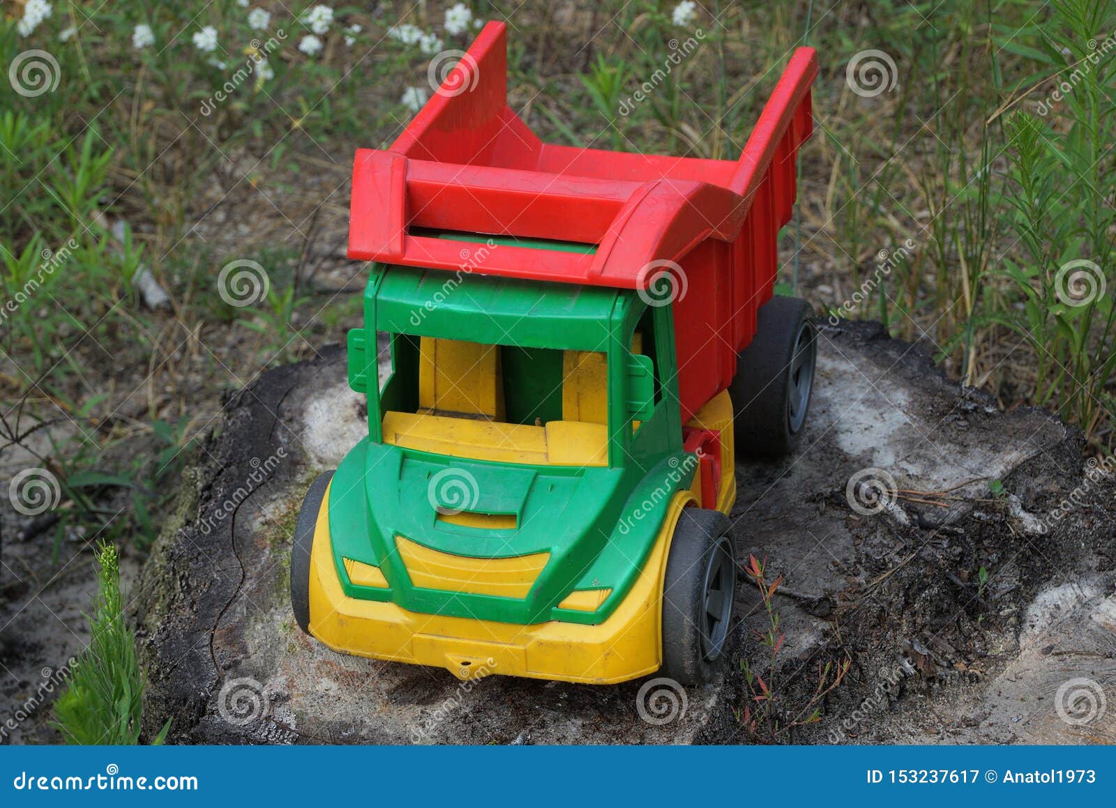 O Caminhão Basculante Colorido Grande Do Brinquedo Está Em Um Coto Na Grama  Verde Imagem de Stock - Imagem de fofofo, jogo: 153237617