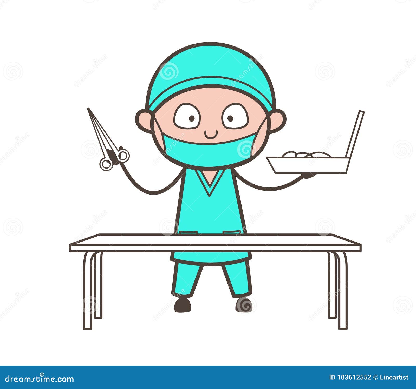 Cirurgião de desenhos animados que apresenta o kit de ferramentas pinturas  para a parede • quadros exames médicos, cardiologista, ortodontista
