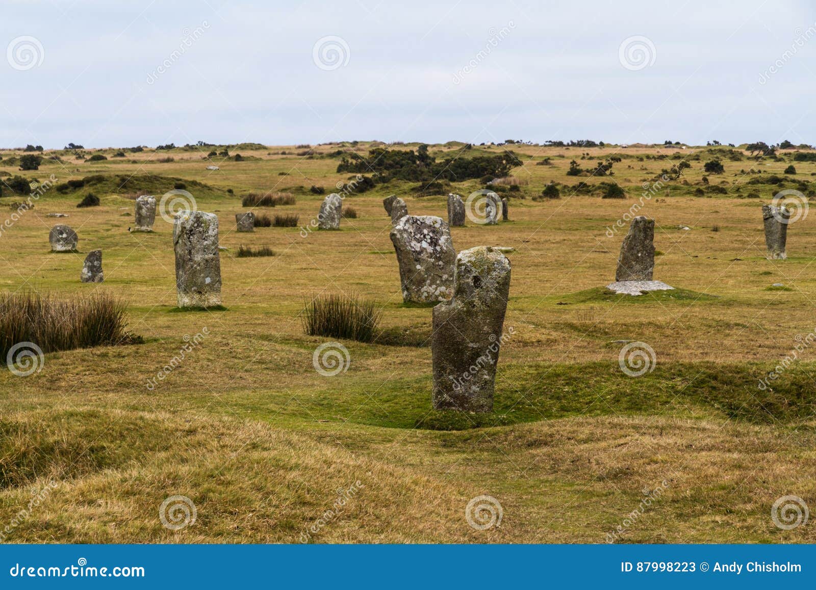 O círculo de pedra dos Hurlers, sequazes. Um do monumento antigo dos círculos de pedra dos Hurlers Sequazes, Cornualha, Inglaterra, Reino Unido