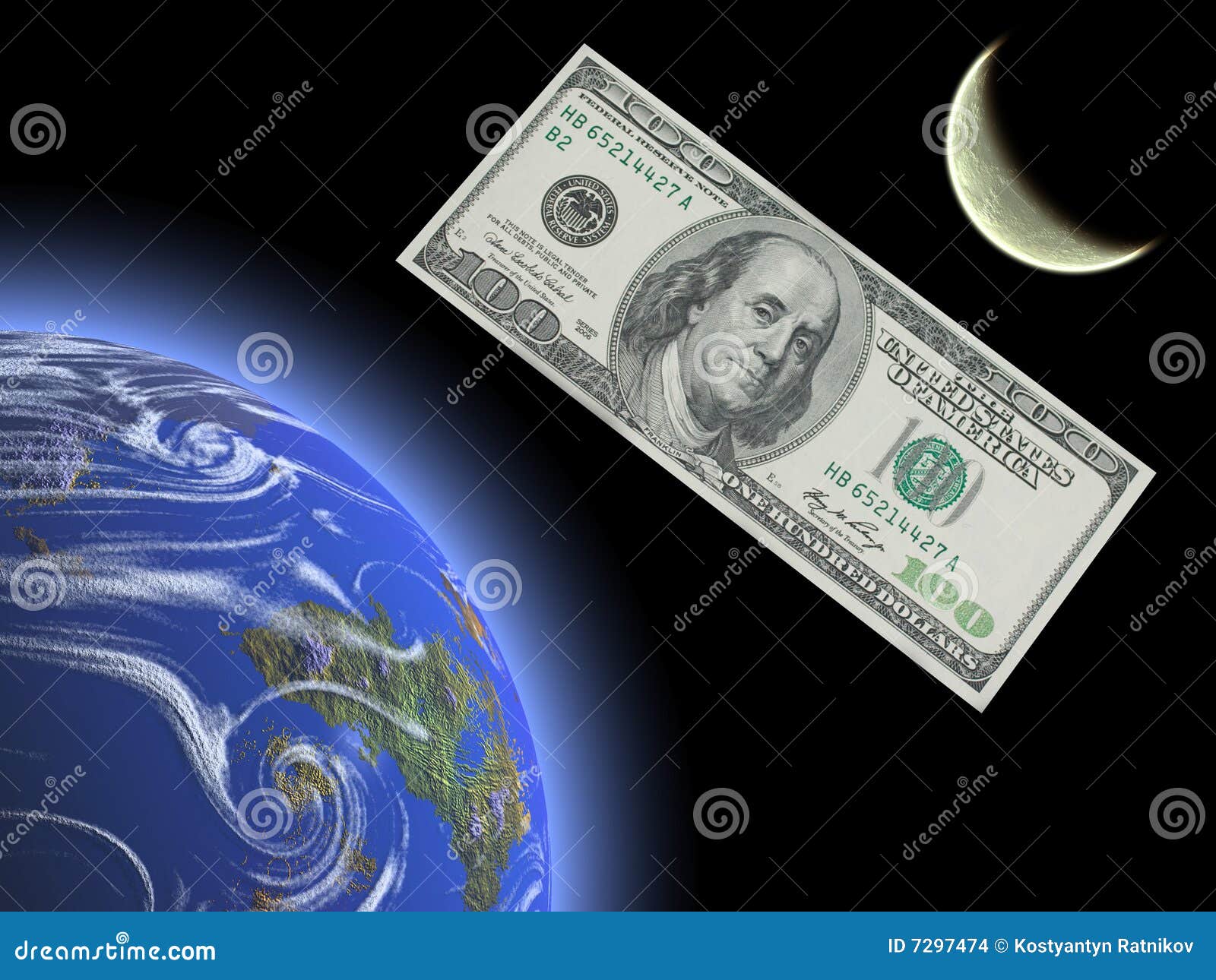 O dinheiro é satélites dos povos. Dois planetas azuis e amarelos no fundo preto. Cem dólares que voam no espaço.