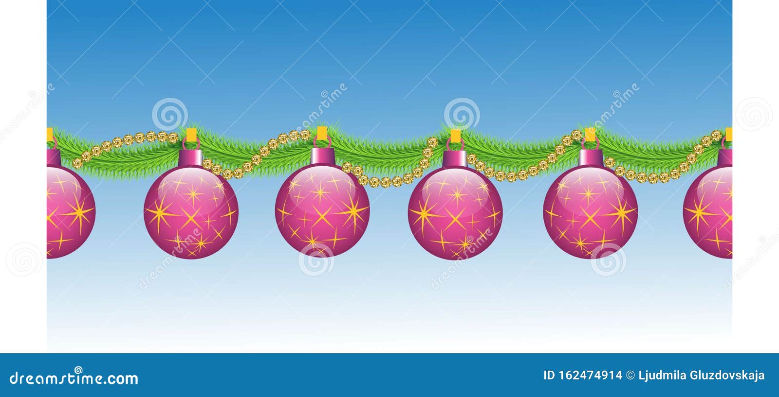 O fundo dos desejos de férias da época e os ramos fronteiriços de uma árvore de Natal decorada com bolas coloridas com faíscas de ouro e contas brilhantes