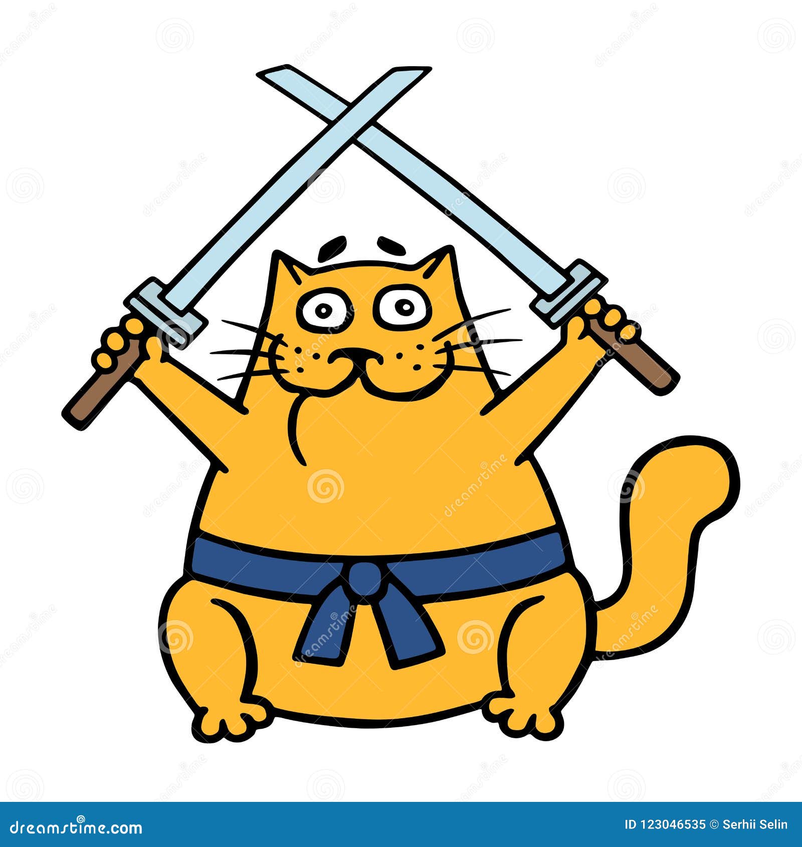 Gato Ninja Gordo Com Duas Espadas Cruzadas Personagem Engraçado