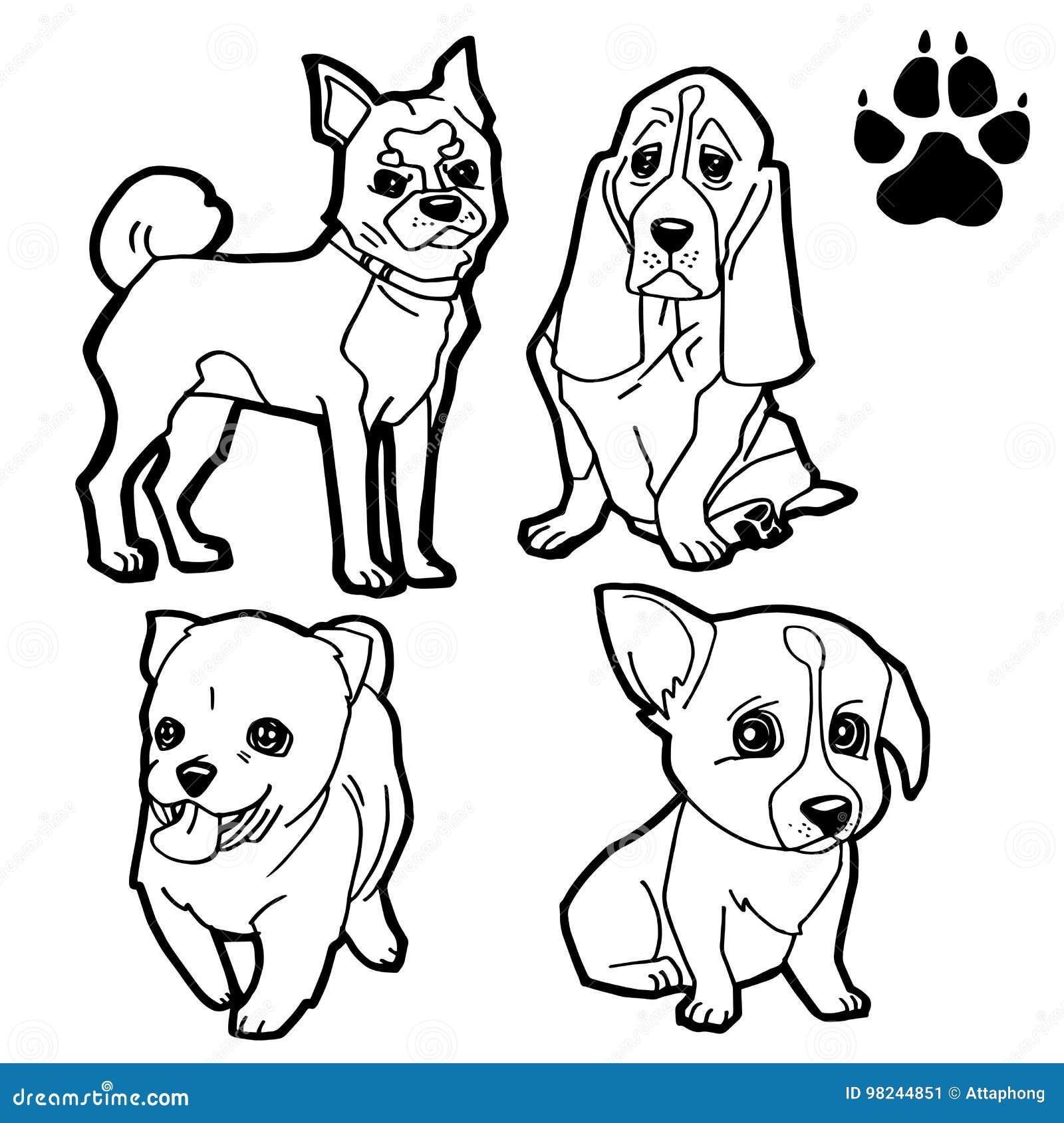 página para colorir. imagem para colorir com cachorro fofo ou cachorrinho.  conjunto de clipart de animais