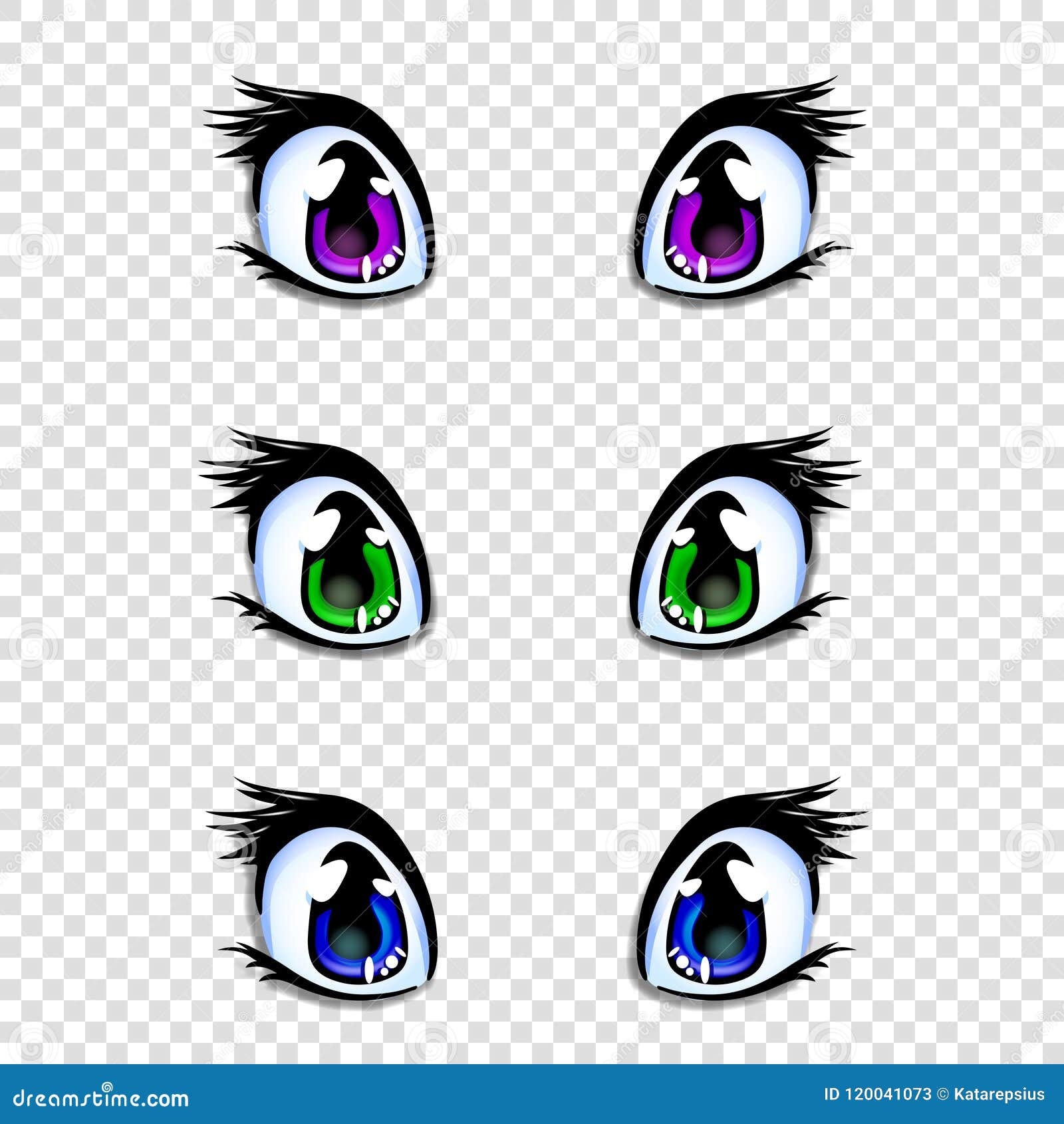 conjunto de olhos de anime de personagem de desenho animado em ângulos  diferentes de cores azuis, verdes, roxas, marrons. ilustração em vetor de olhos  femininos, de bebê isolados do fundo. 4998390 Vetor