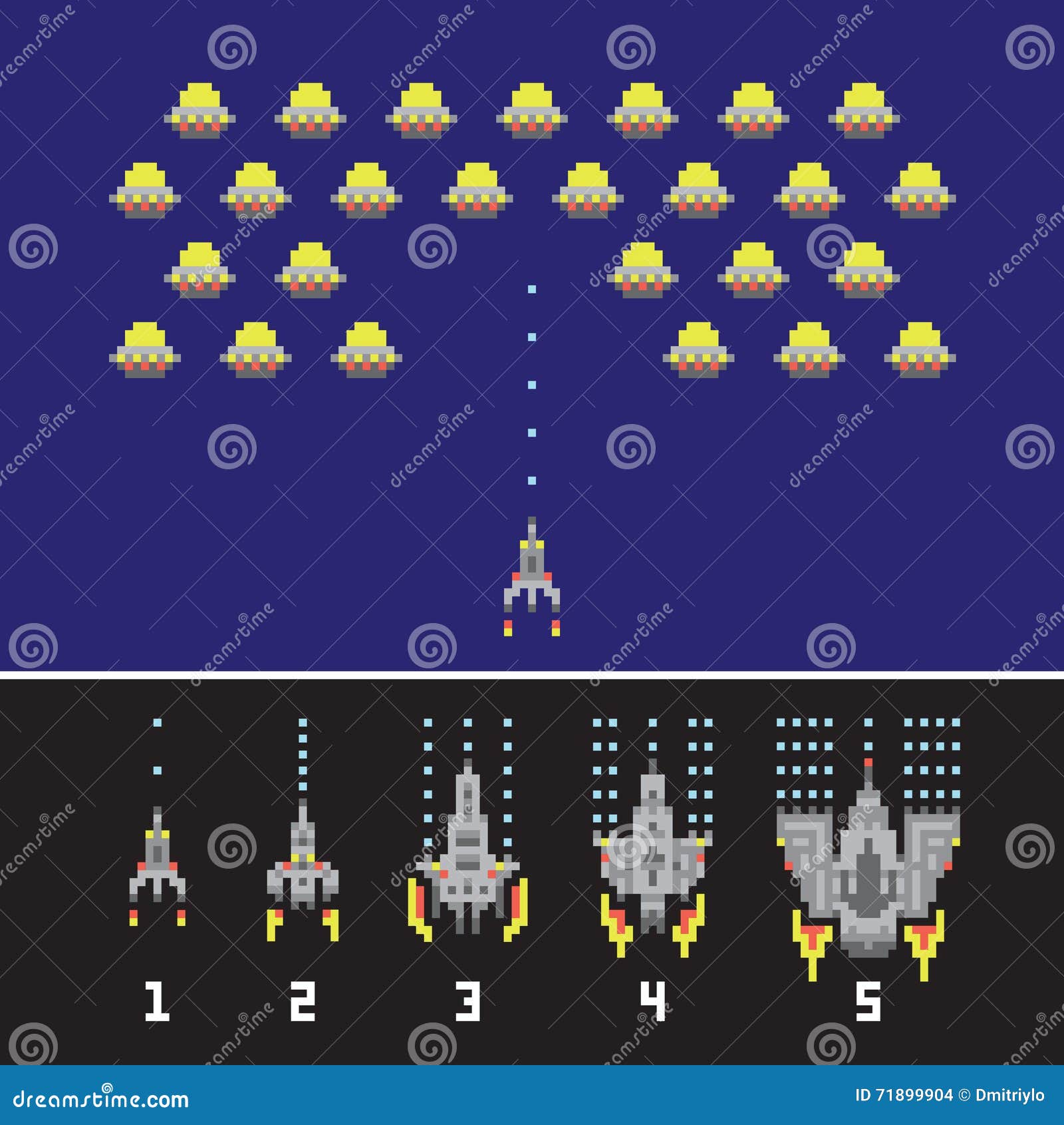 Estilo de arte pixel antigo ufo jogo de guerra espacial. monstros de pixel  e nave espacial. jogo retro, 8 bits