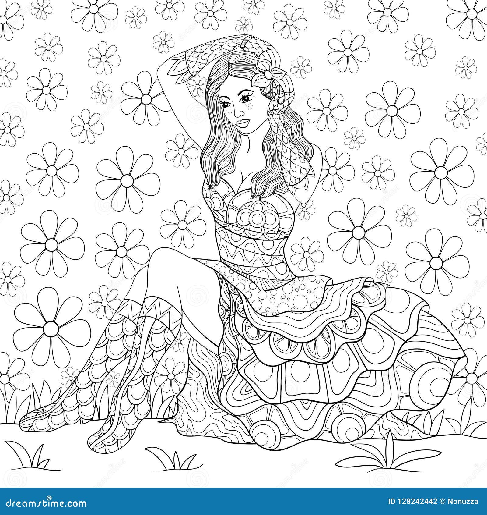 O Livro Para Colorir Adulto, Pagina Uma Imagem Bonito Da Menina