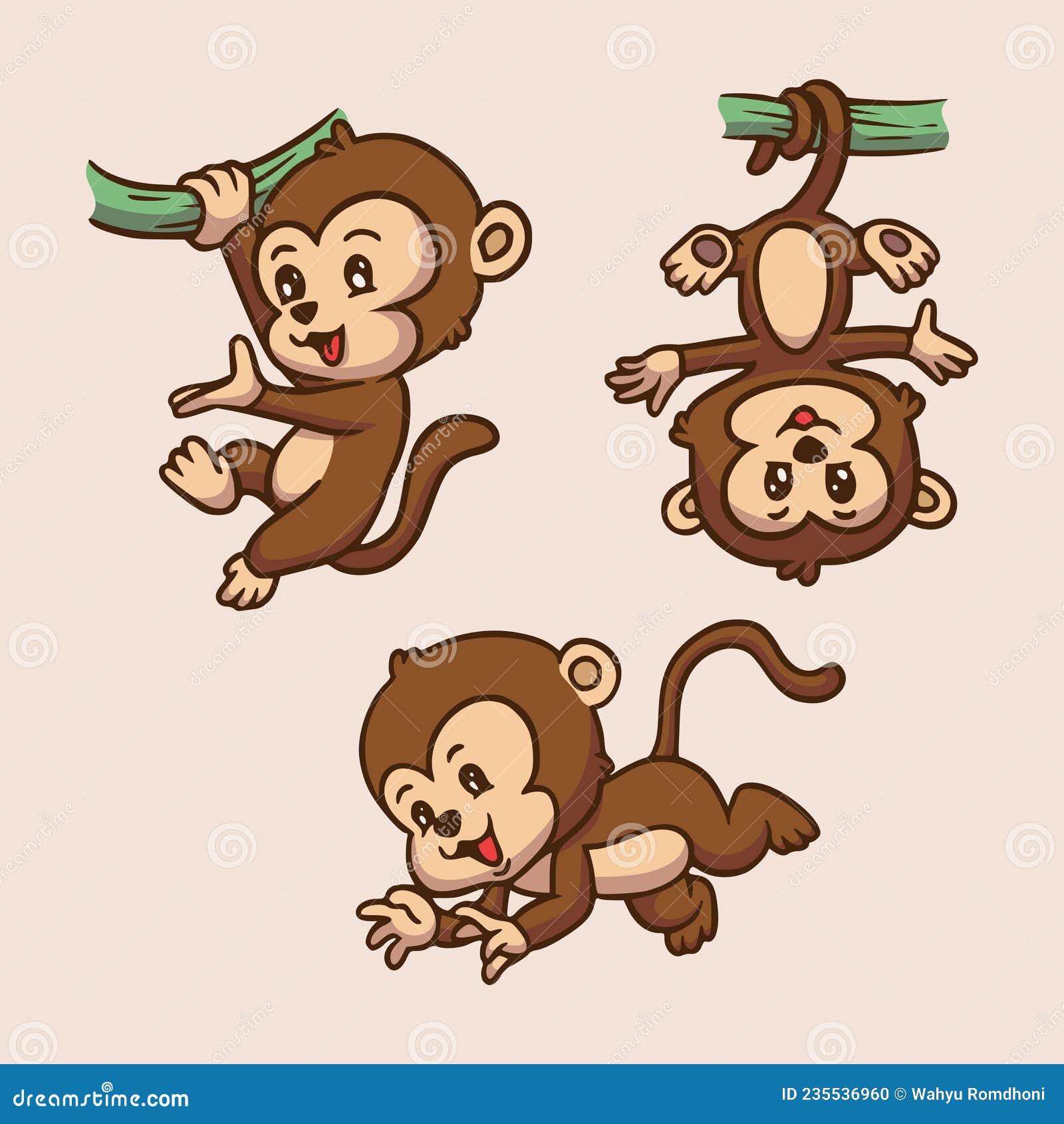 Ilustração de desenho animado de macaco fofo pendurado em árvore