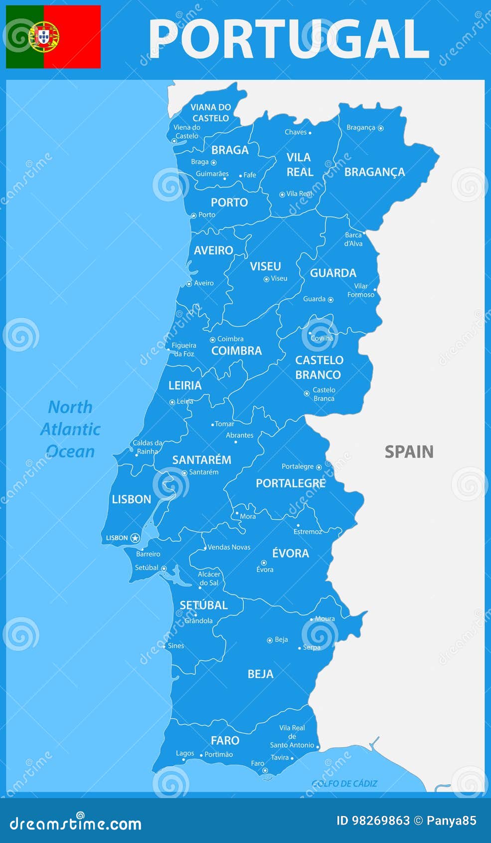 O Mapa Detalhado De Portugal Com Regiões Ou Estados E Cidades, Capitais  Ilustração do Vetor - Ilustração de cidades, distrito: 98269863