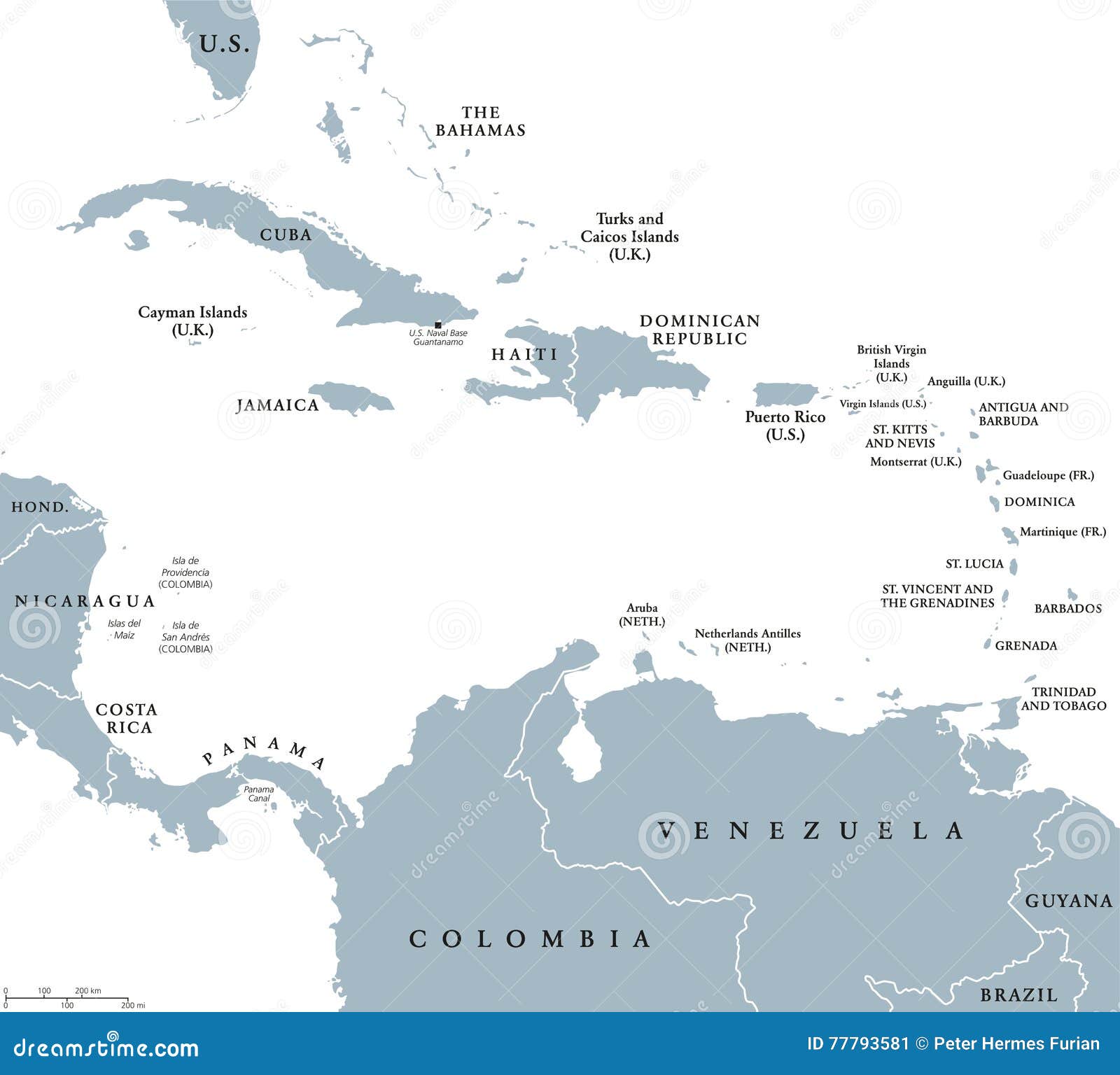 O mapa político dos países caribenhos com beiras nacionais O mar das caraíbas com maior, pouco e sotavento Antilhas, com Índias Ocidentais e partes de central e de Ámérica do Sul Rotulagem inglesa