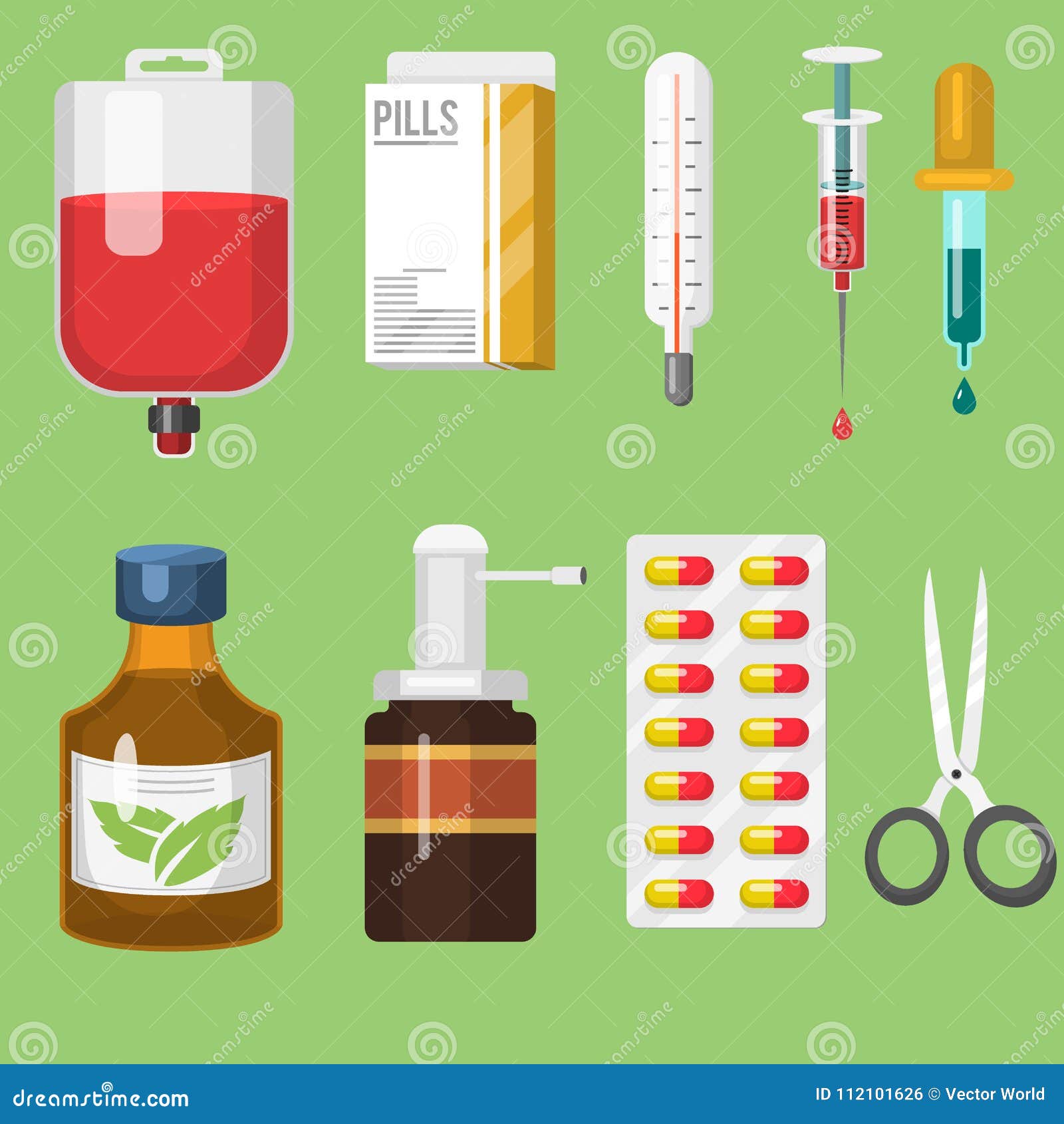 Acessórios médicos bonitos ferramentas médicas diferentes medicamentos de  desenhos animados frasco de mistura atadura e gesso kit de primeiros  socorros termômetro e seringa frasco de comprimidos conjunto de objetos de  farmácia vetorial