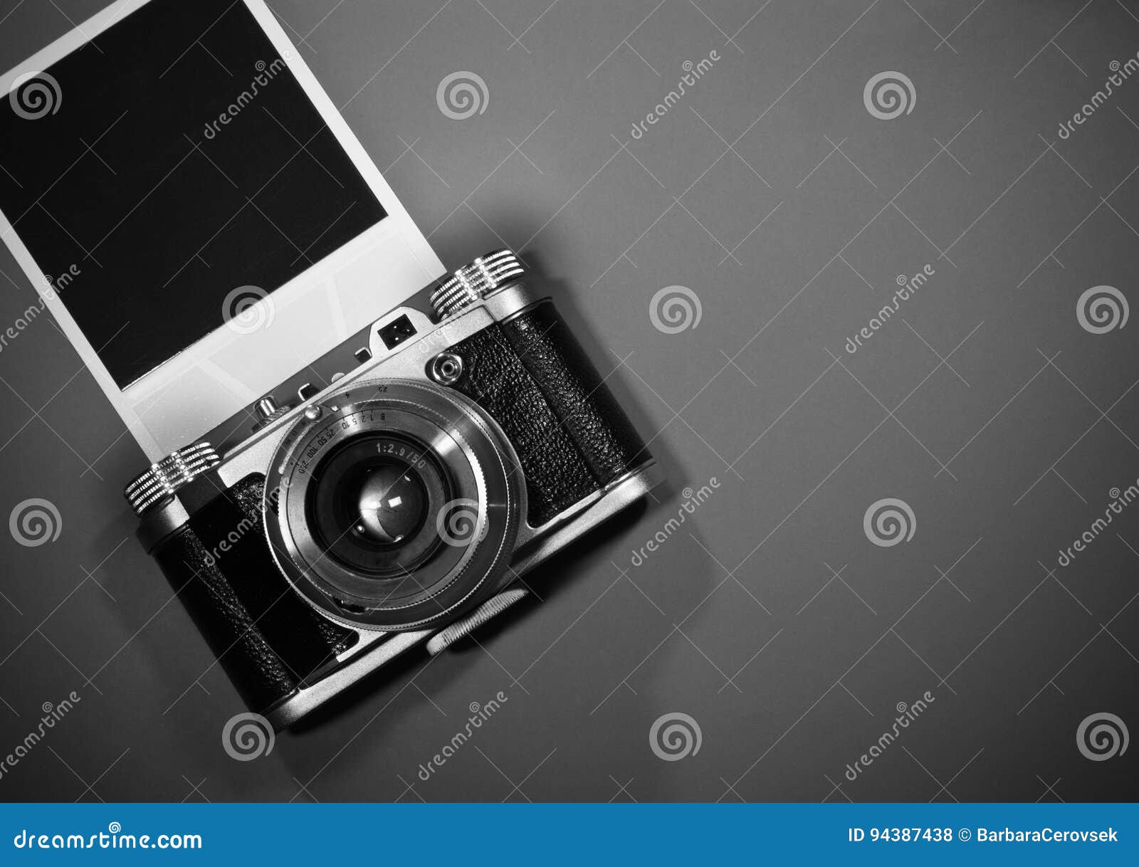 O quadro imediato vazio da foto no fundo cinzento destacou com a câmera do vintage e espaço retros velhos da cópia em preto e branco