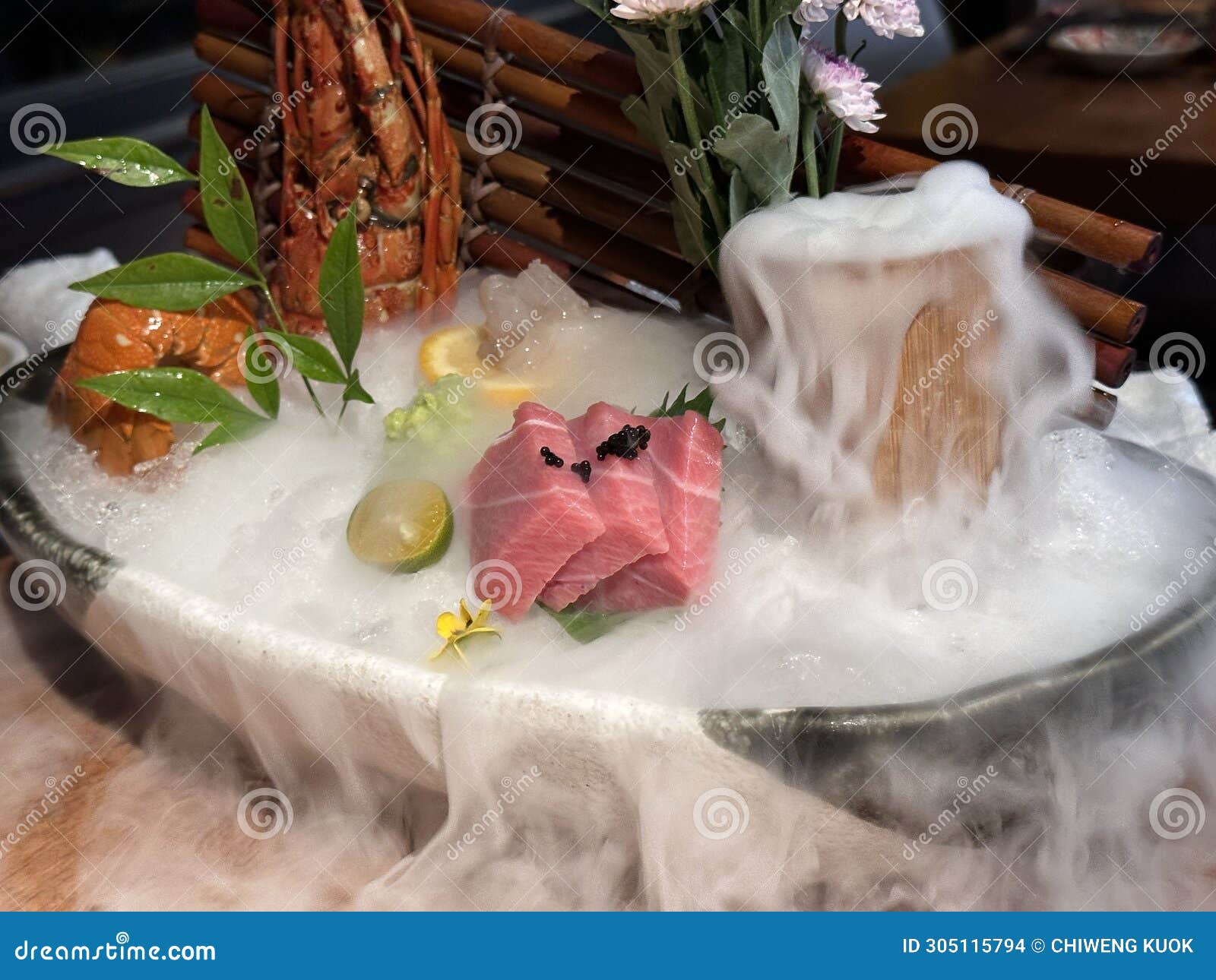 o-toro sashimi on a dish with decoration and fog effect