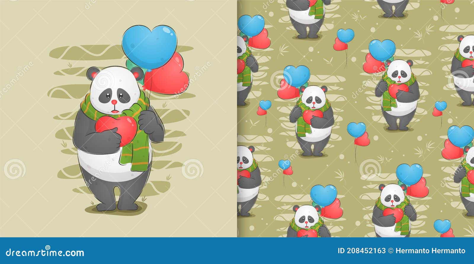 Desenho de urso panda fofo segurando balão de coração para animal