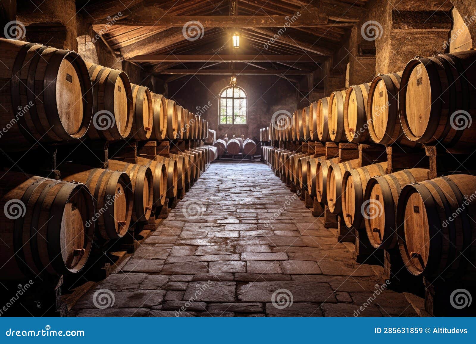 Oak Barrels Aging Wine in a Rustic Cellar Stock Image Image of