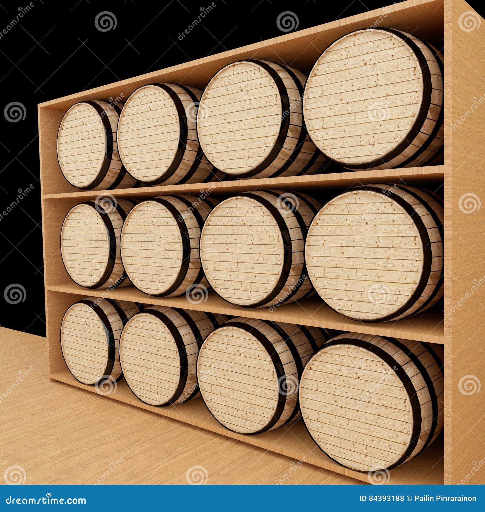 Oak Barrels in Wood Store in 3D Rendering Stock Illustration