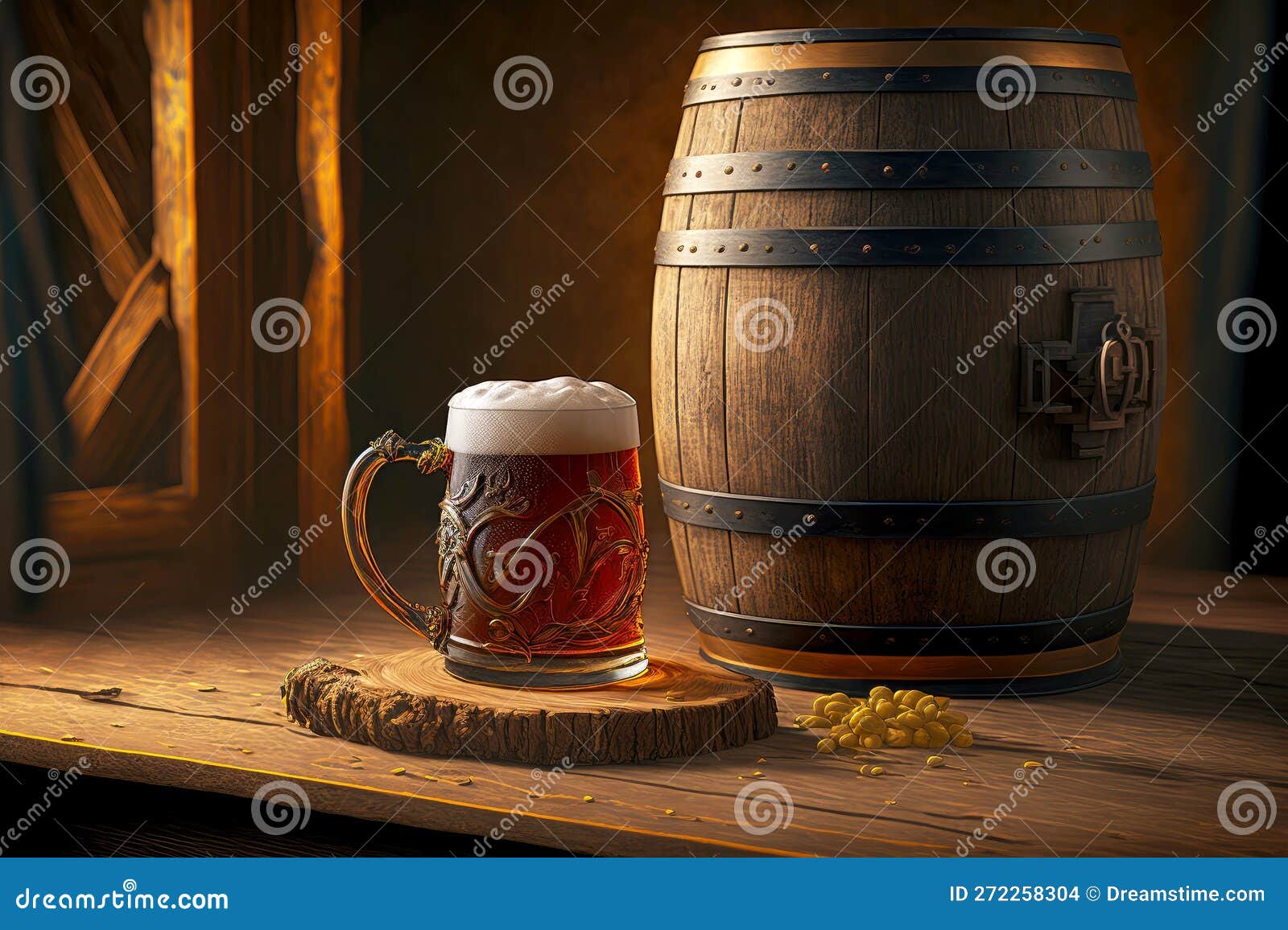 Oak Beer Barrel Standing on Table and Next To it is Mug of Beer Stock