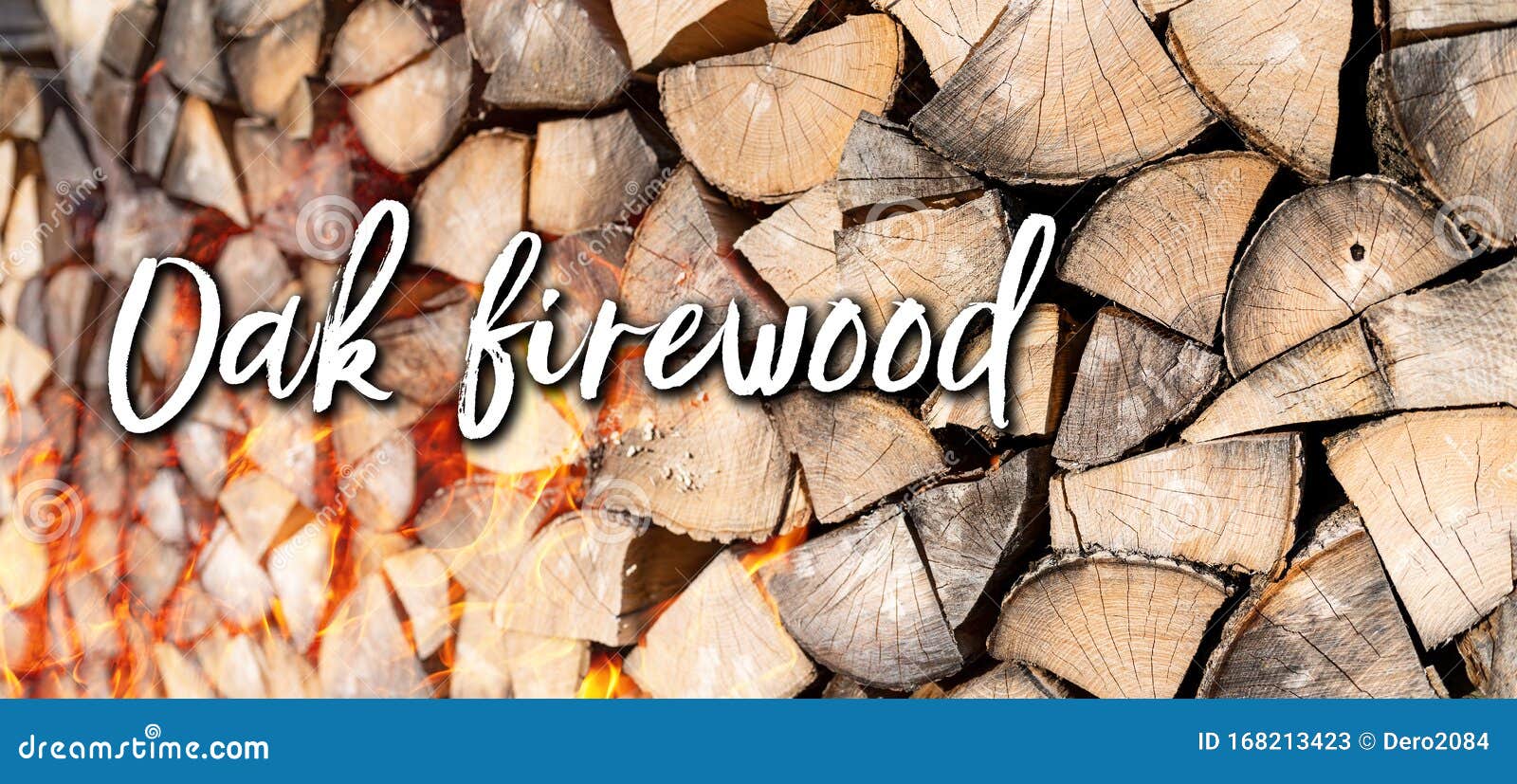 Oak Firewood Background with Text and Soft Effect of Fire. Alternative
