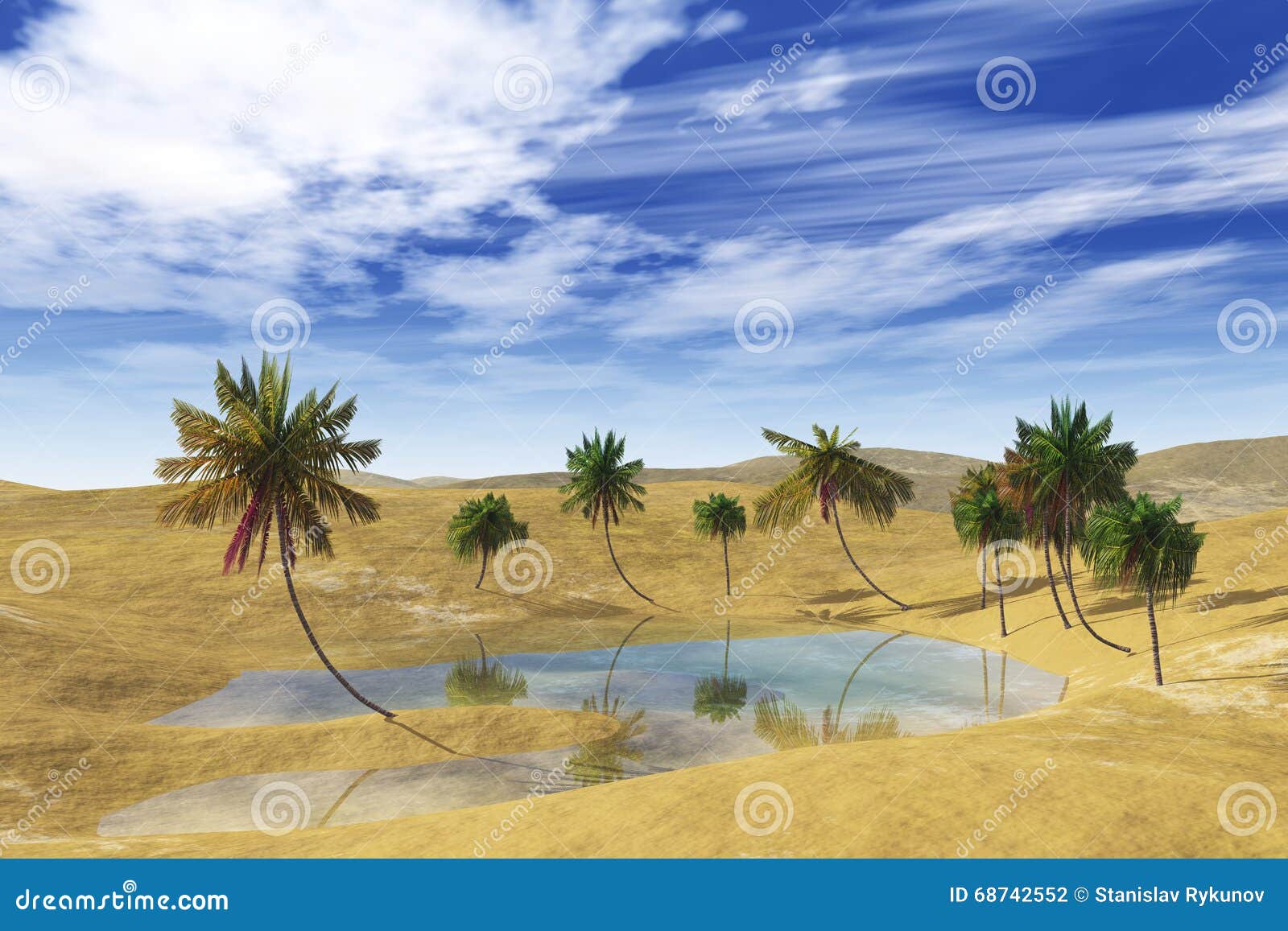 Oase in de woestijn, de palmen en het meer onder de wolken de zon
