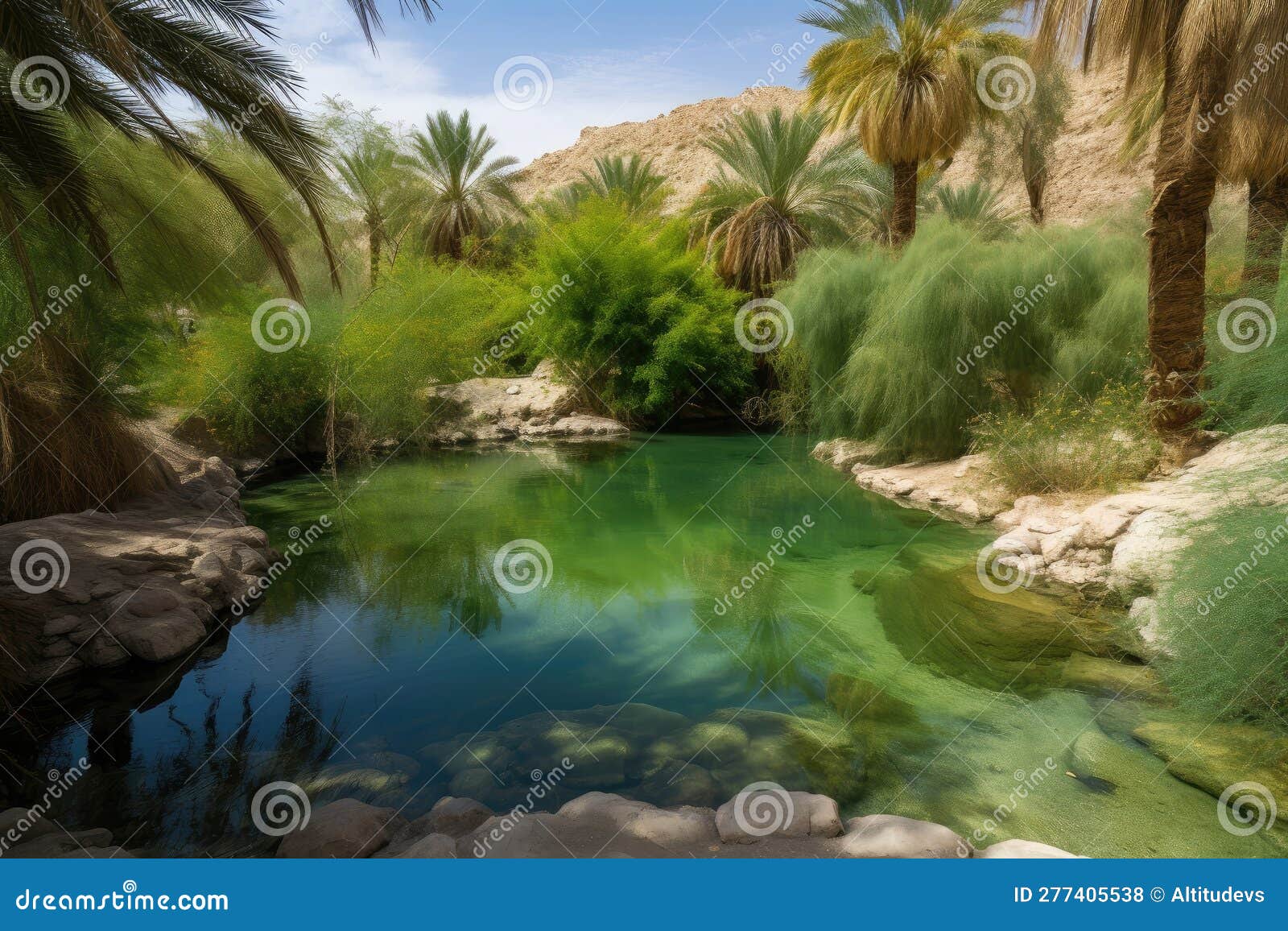 Oasis with Crystalclear Spring Water and Lush Greenery in the Desert