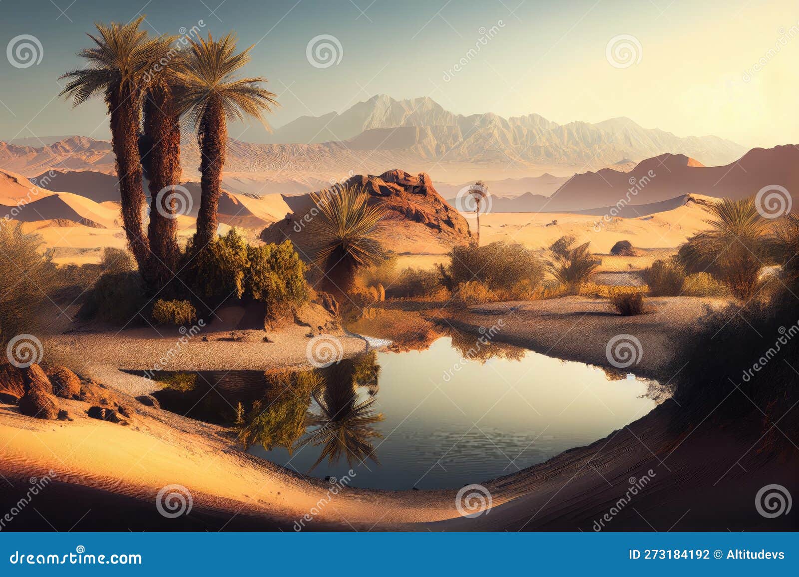 Oasis in Desert, with Distant Mountain Range Visible on the Horizon