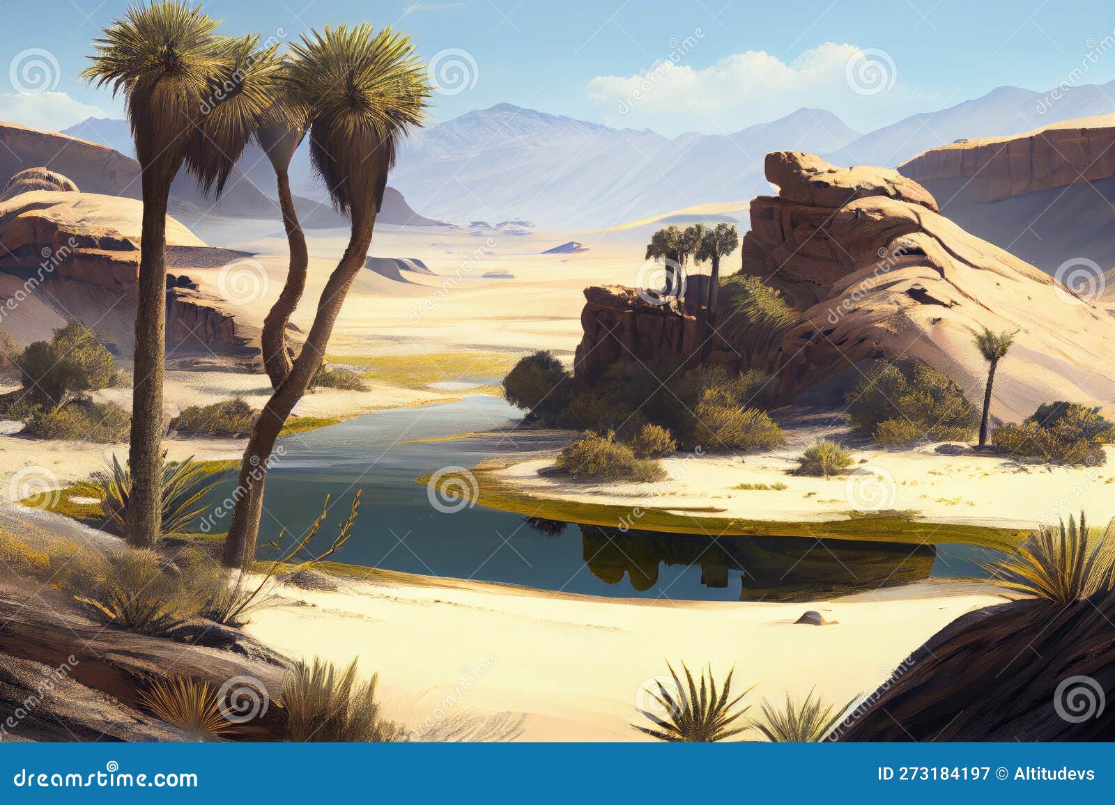 Oasis in Desert, with Distant Mountain Range Visible on the Horizon