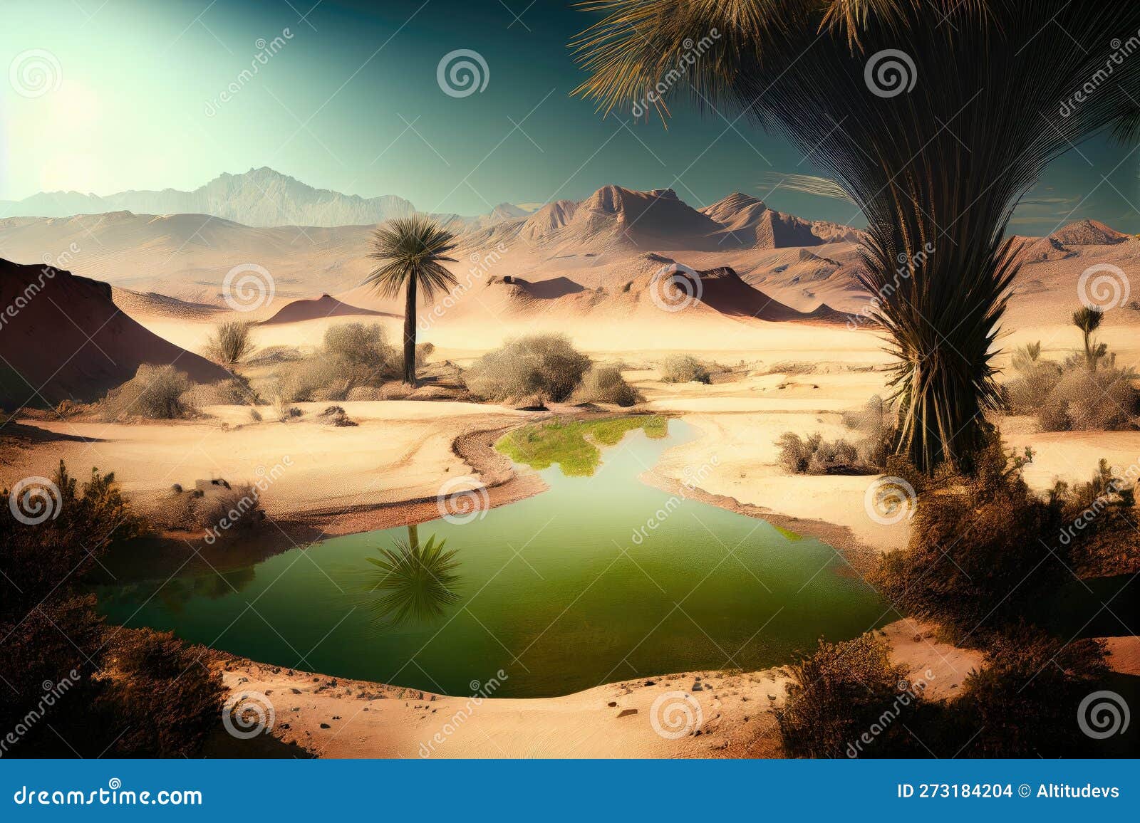Oasis in Desert, with Distant Mountain Range Visible on the Horizon