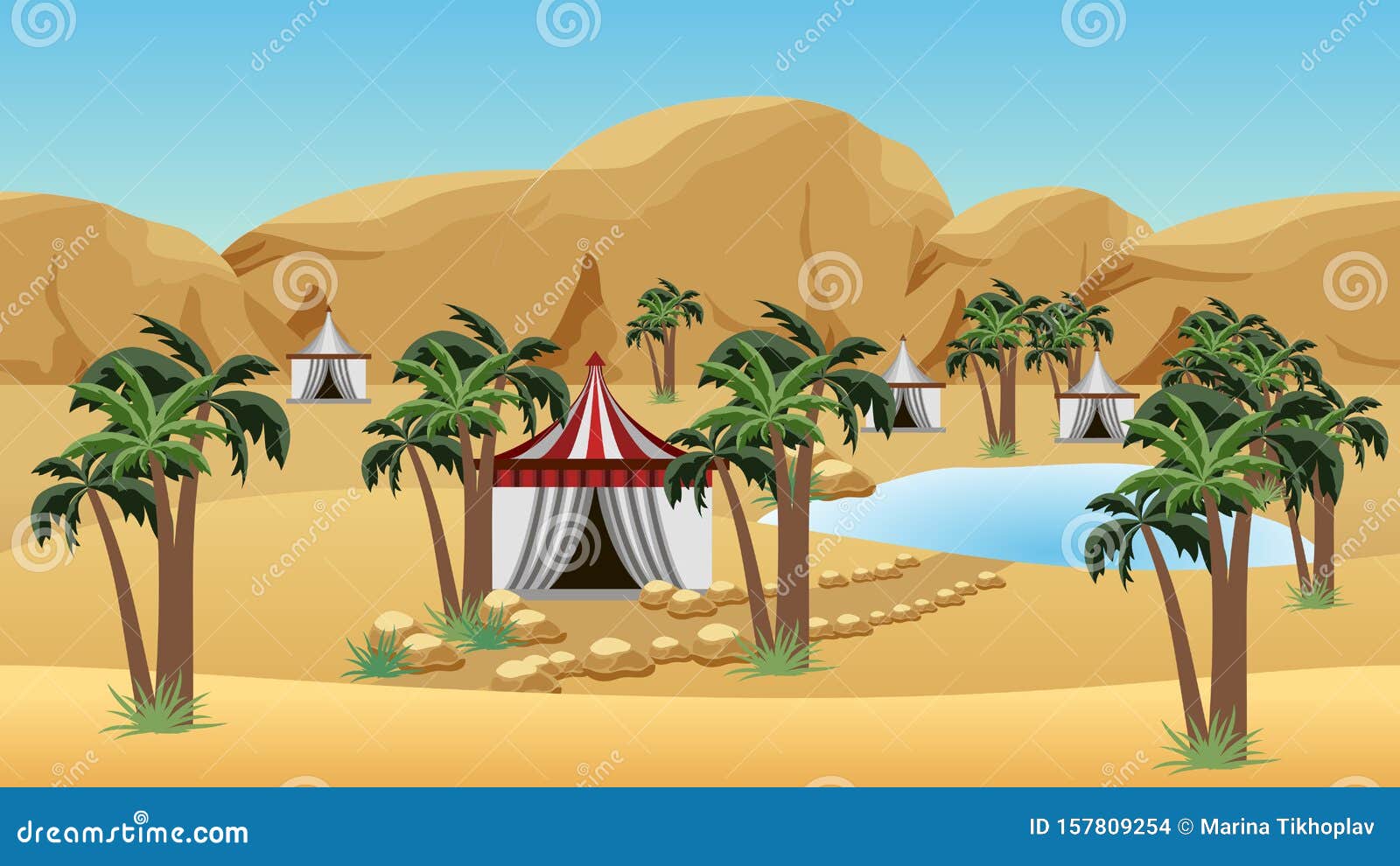 Oasis En El Desierto Con Campo Beduino. Paisaje Para Dibujos Animados O  Fondo De Juegos Ilustración del Vector - Ilustración de recorrido, campo:  157809254