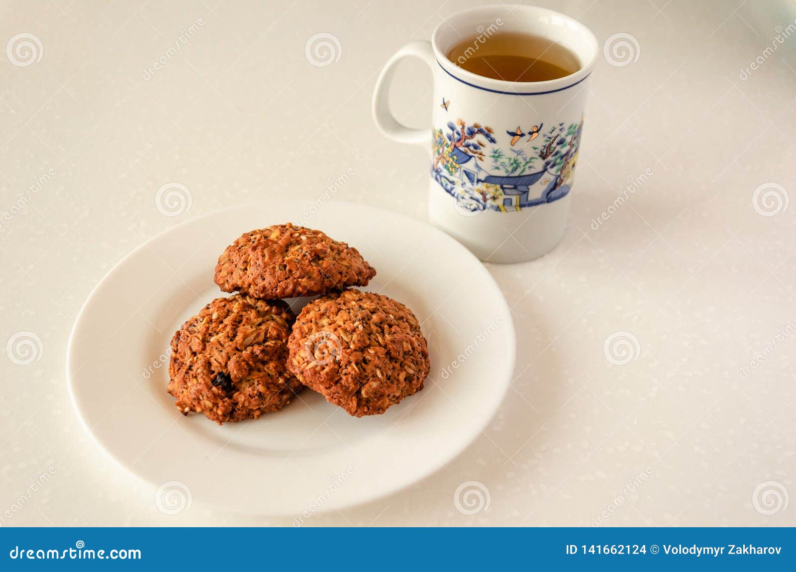 Oat cookies and green tea stock photo. Image of green 141662124