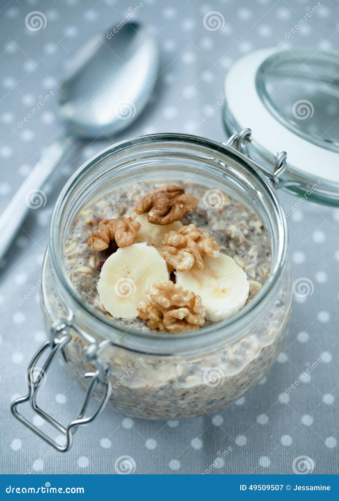 Oatmeal with Chia Seed, Banana and Walnuts Stock Image Image of