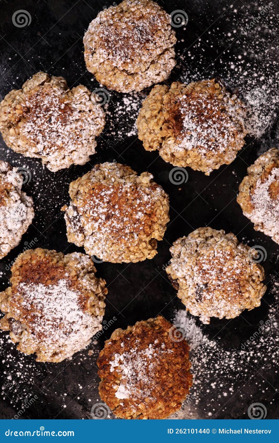 Oatmeal Cookies on a Baking Sheet, Top View. Selective Focus Stock