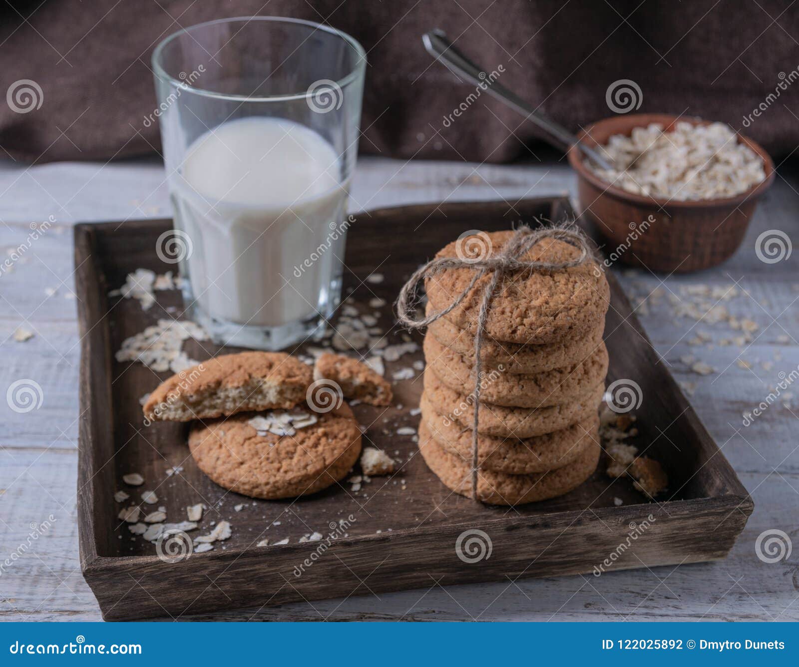 Oatmeal cookies with milk stock photo. Image of green 122025892