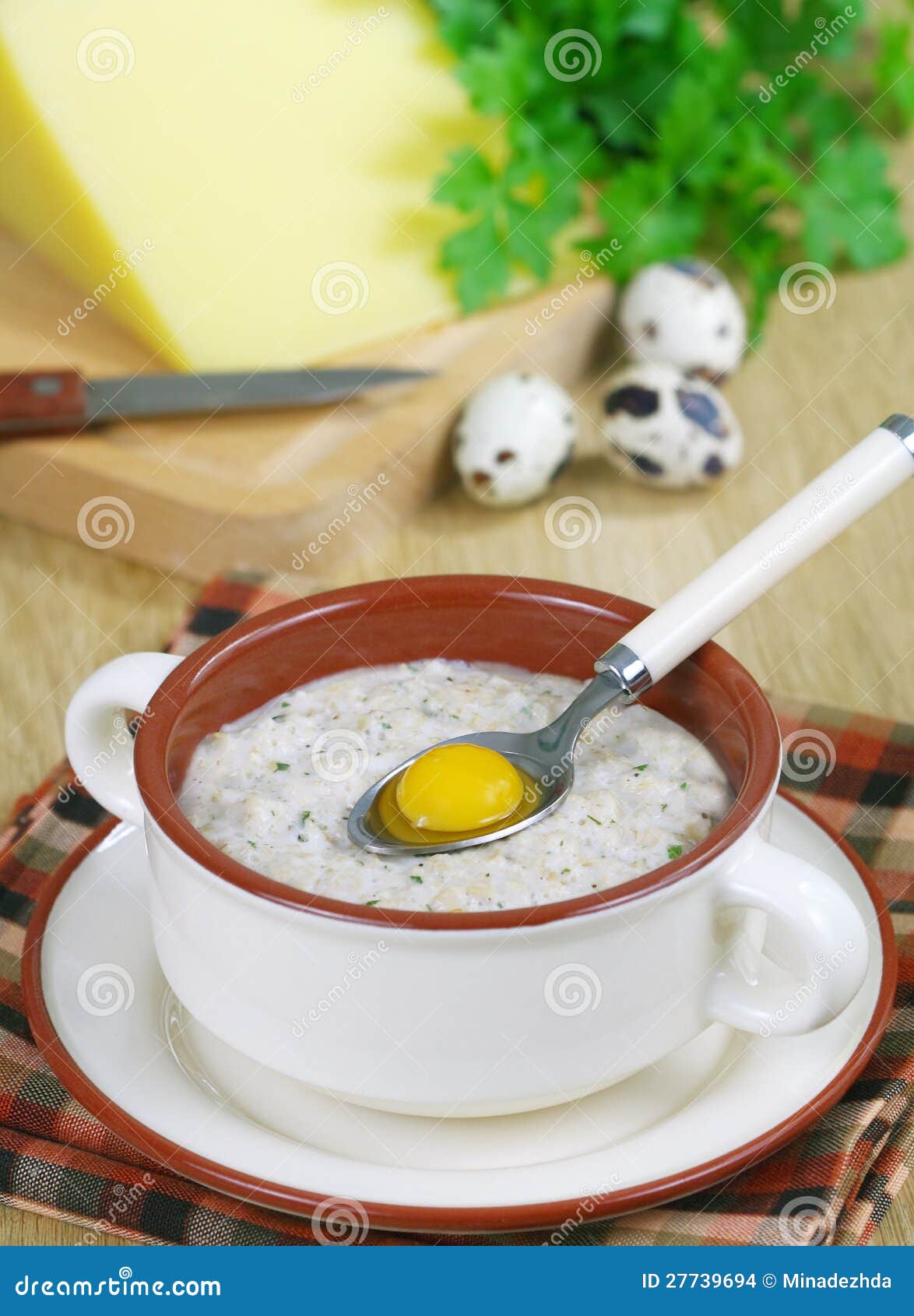 Oatmeal with Herbs, Cheese and Quail Egg Stock Photo Image of kitchen