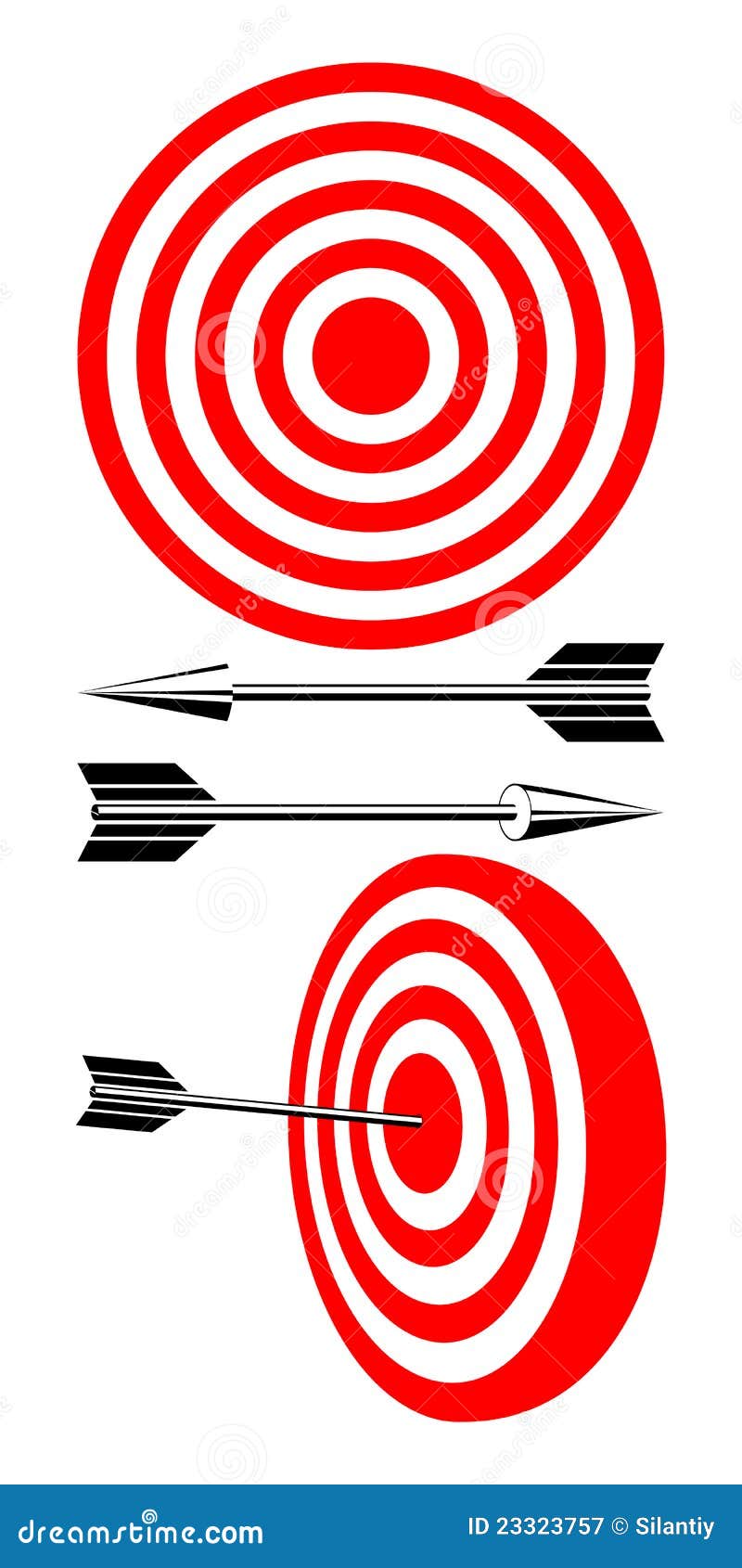 Obiettivo e frecce. Gli oggetti isolati su una priorità bassa bianca. Un obiettivo rosso-bianco e lle frecce nere.