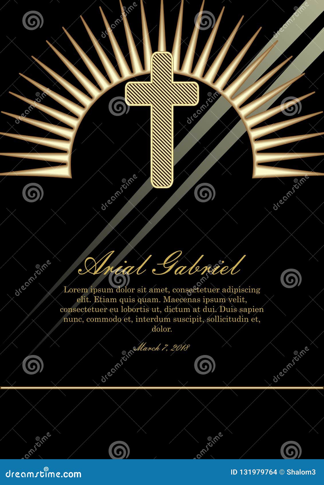 Obituary Template with Golden Cross and Light Beams. Tasteful Luxurious