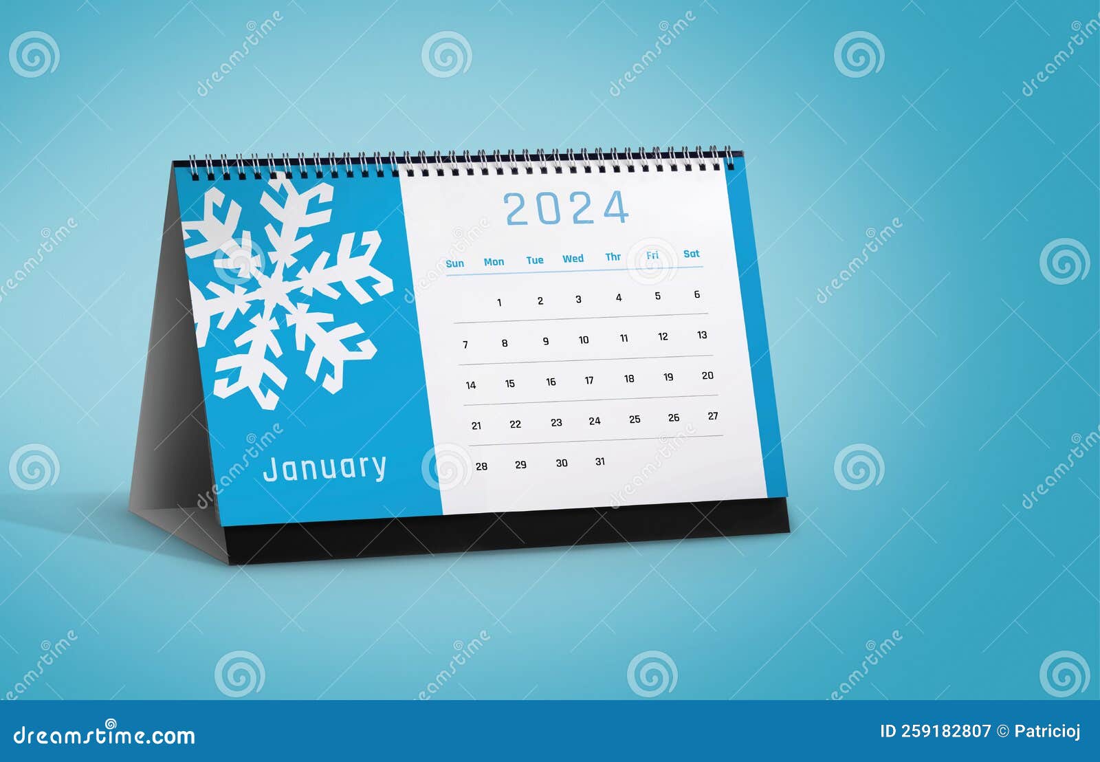 January 2024 Calendar with Snowflake Icon Isolated on Blue Background