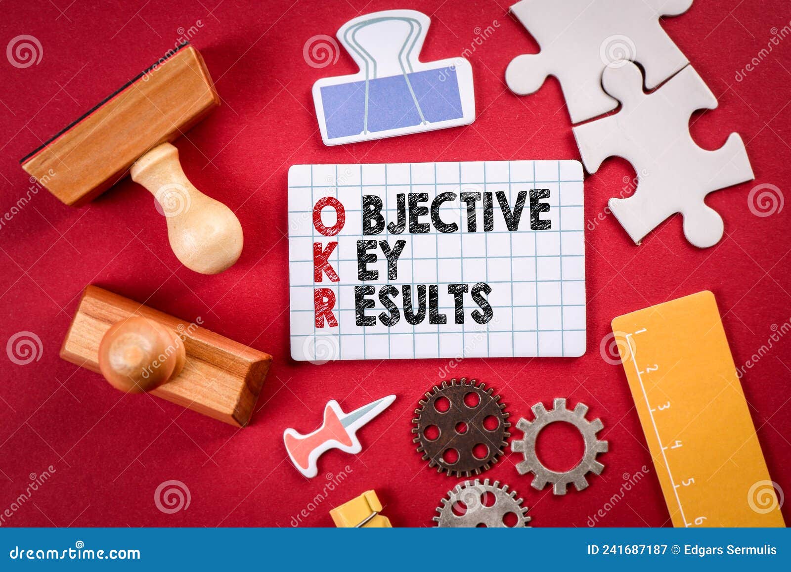Objective Key Results. Office Supplies on a Red Background Stock Image