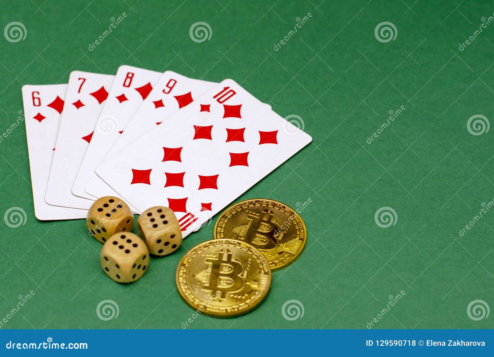 Poker Game Objects - Game Cards, Dice and Bitcoins on a Green Background  Stock Photo - Image of full, business: 129590718
