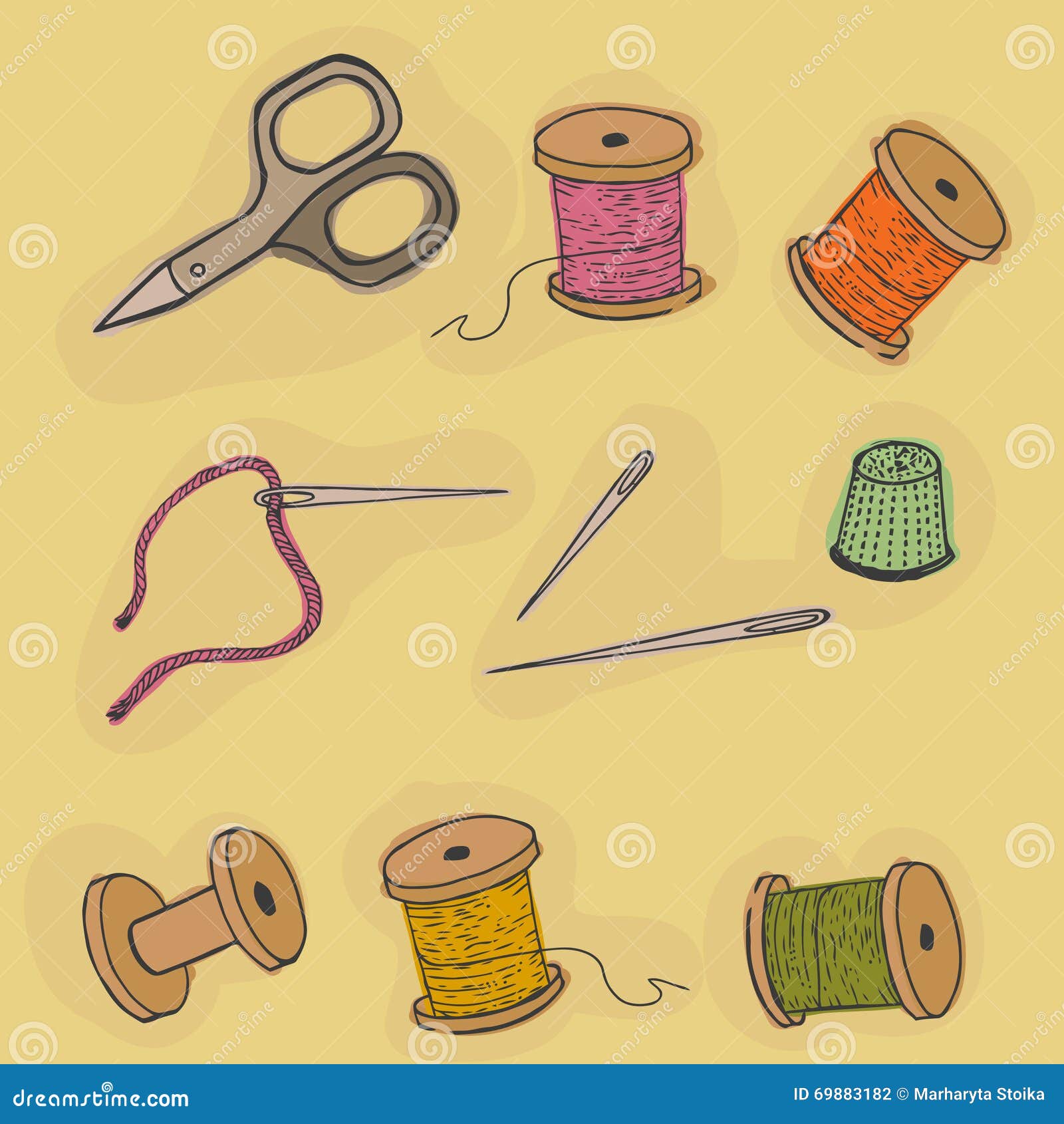 Objects Sewing Vector. Threads, Thimble Scissors, Needles. Stock Vector ...