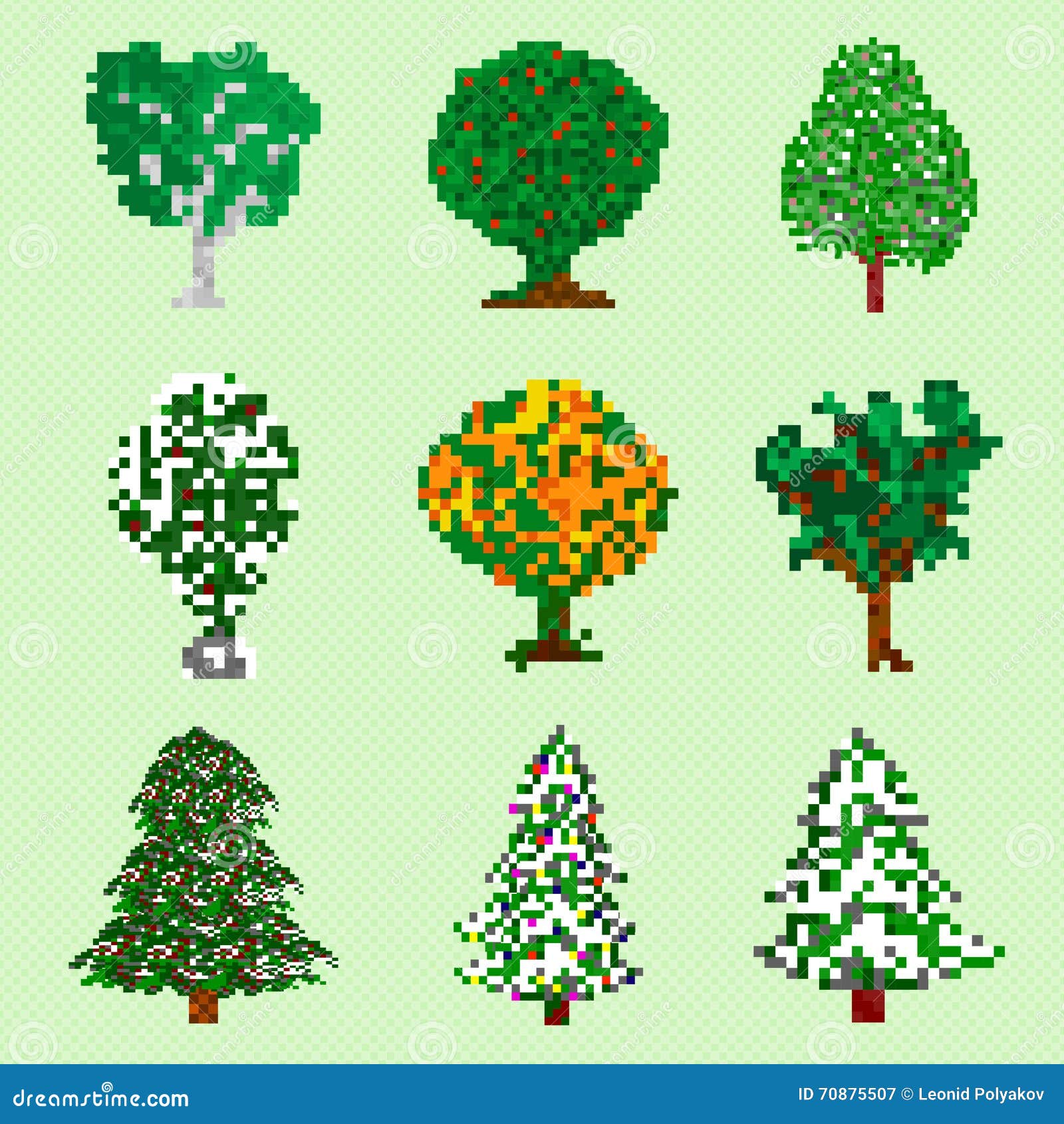 Conjunto de ícones de pixel art de diferentes árvores coleção de